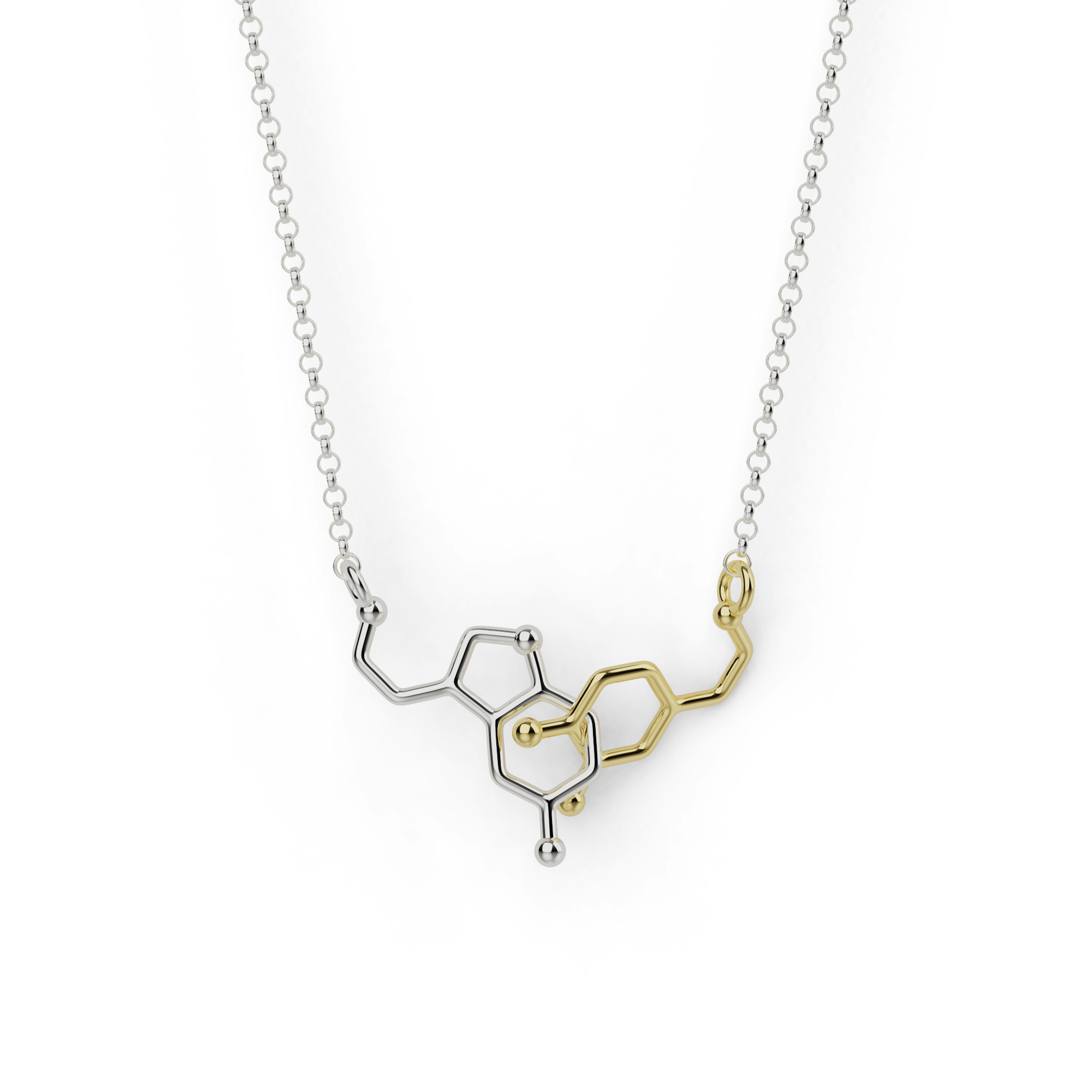 Close-up of dopamine-serotonin necklace in silver and gold vermeil. Close-up of dopamine-serotonin necklace in silver and gold vermeil.
