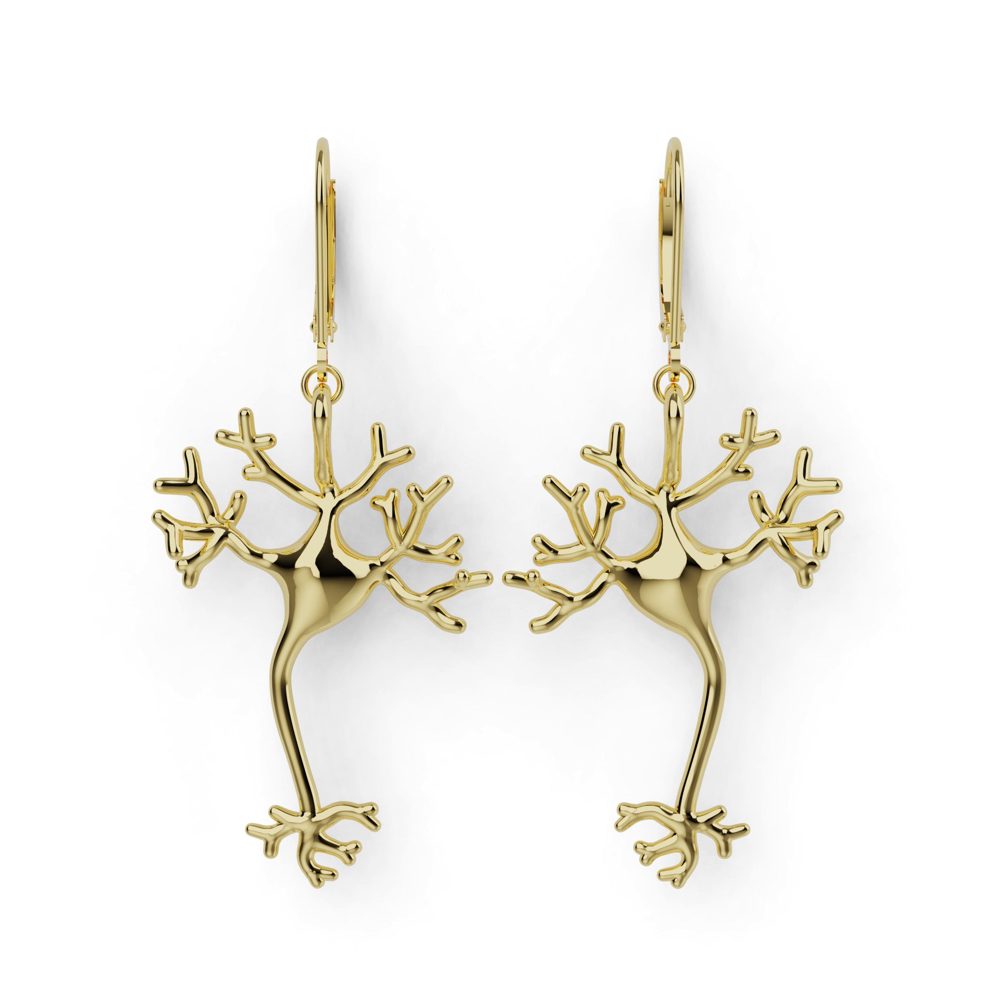 Gold vermeil neuron earrings with detailed dendrite design, inspired by brain cells, elegant science jewelry. Gold vermeil neuron earrings with detailed dendrite design, inspired by brain cells, elegant science jewelry.