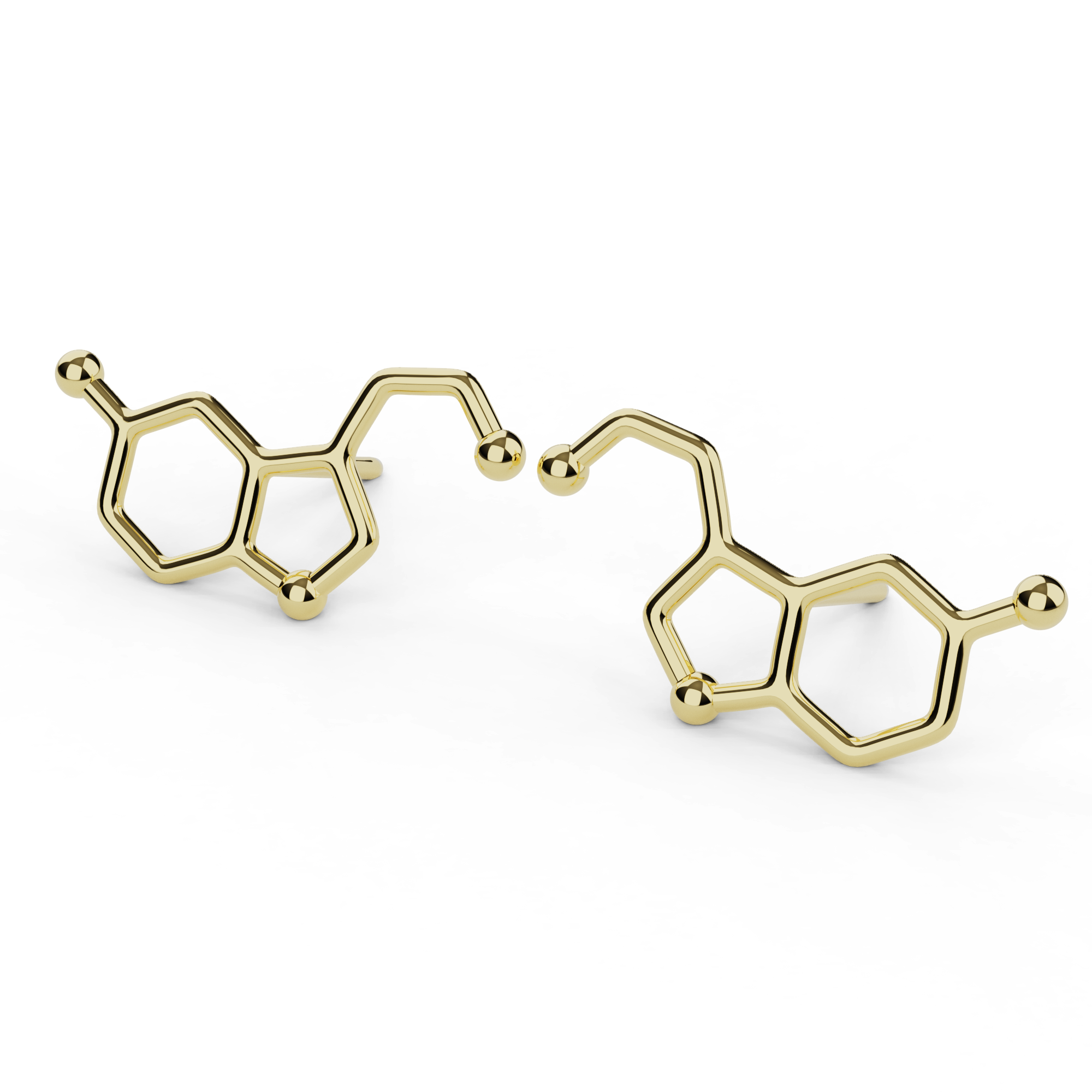 Gold vermeil serotonin studs shaped like the happiness molecule’s molecular structure. Gold vermeil serotonin studs shaped like the happiness molecule’s molecular structure.