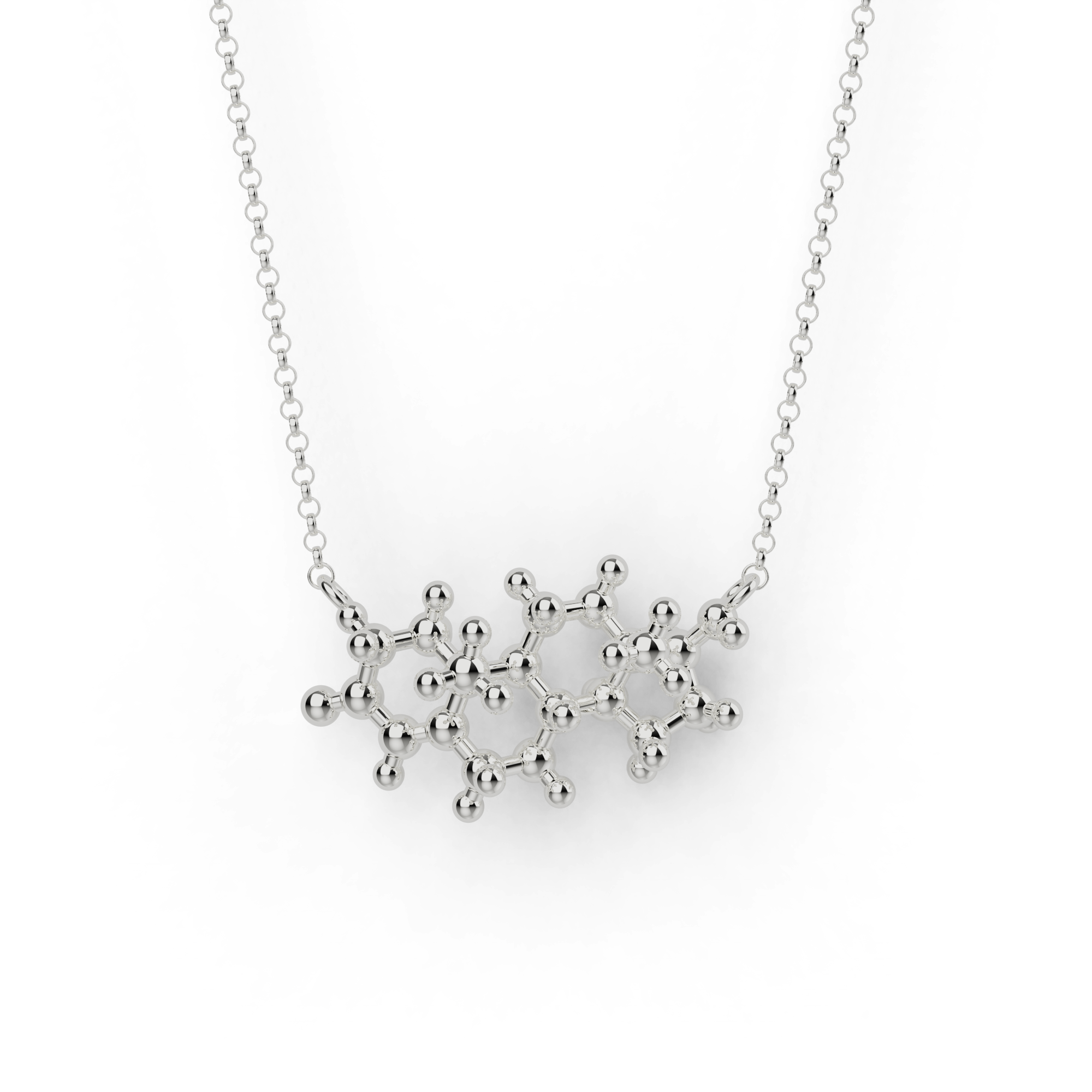 Sterling silver testosterone molecule necklace displayed on a white background. Sterling silver testosterone molecule necklace displayed on a white background.
