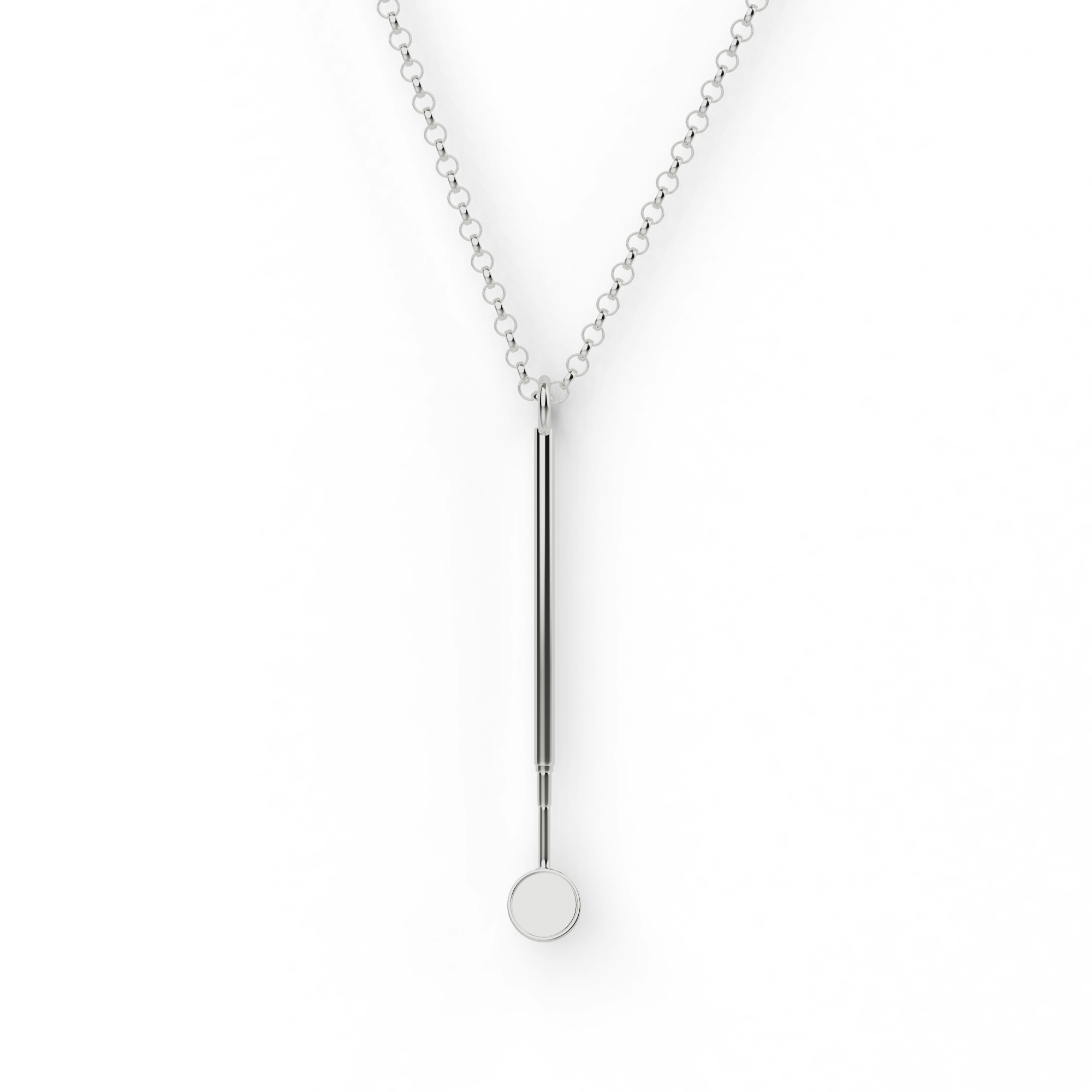 Sterling silver dental mirror necklace on a white background. A sleek, minimalist design inspired by dental science. Sterling silver dental mirror necklace on a white background. A sleek, minimalist design inspired by dental science.