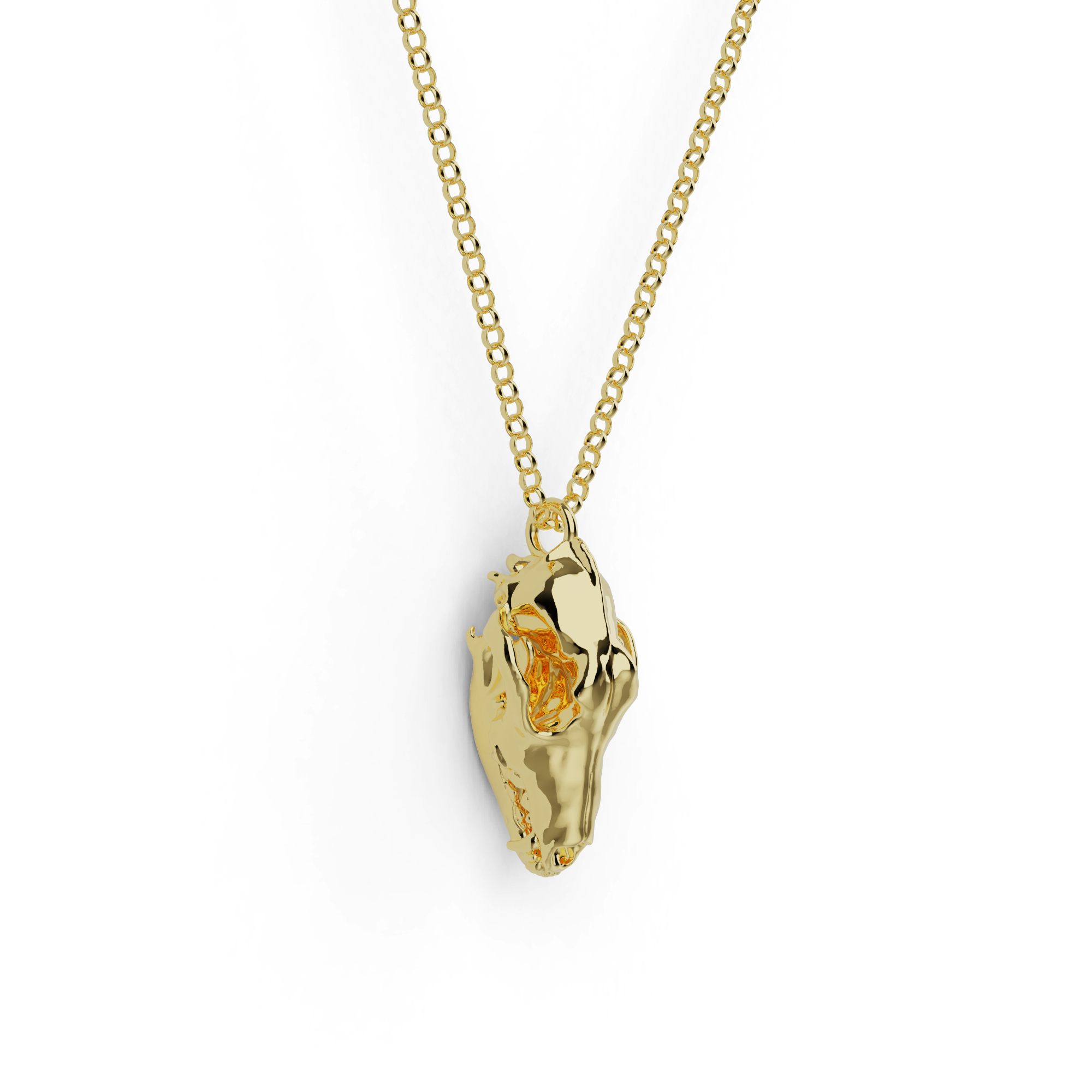 Gold vermeil dog skull necklace on a delicate chain, inspired by canine evolution. Gold vermeil dog skull necklace on a delicate chain, inspired by canine evolution.