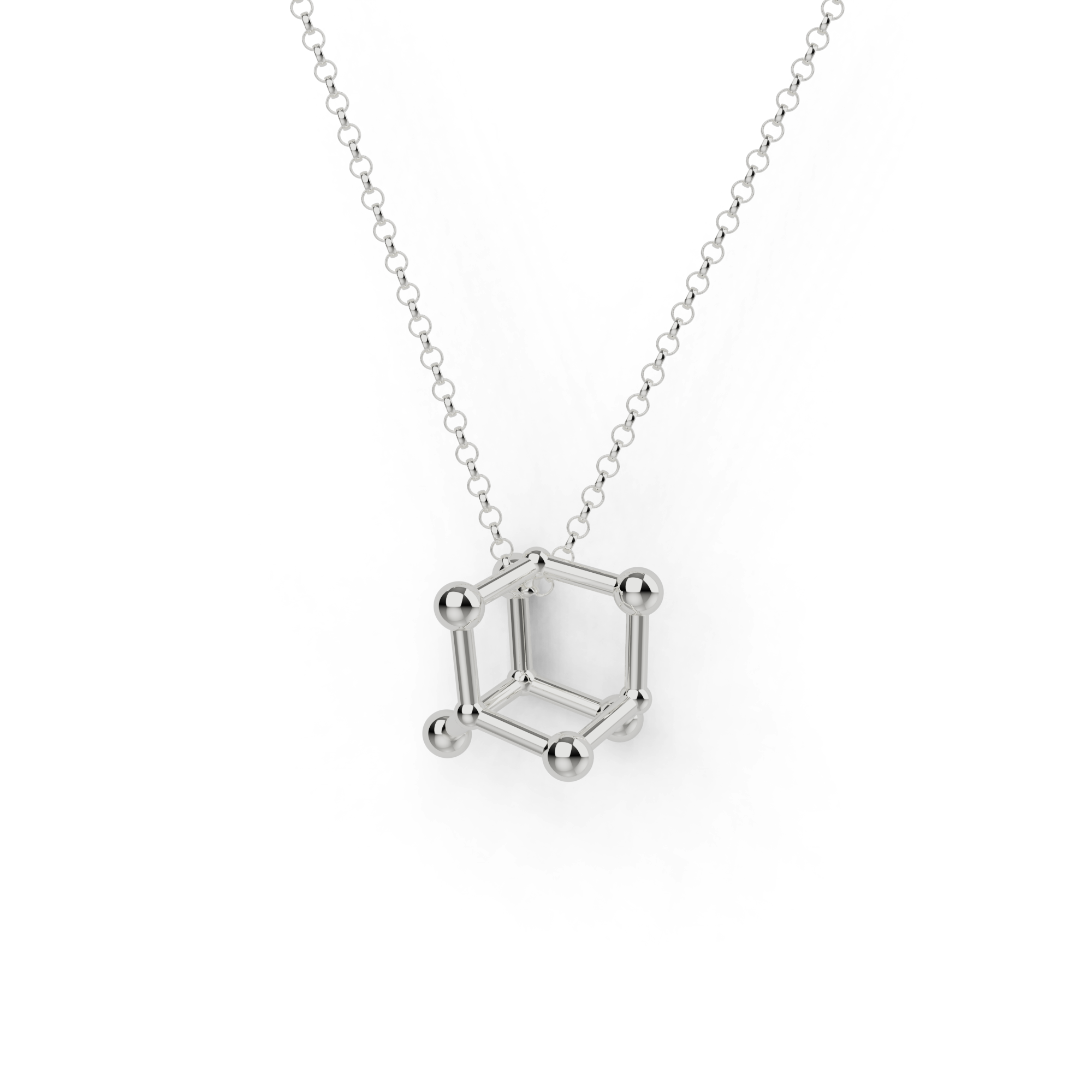 Close-up of silver arsenic trioxide necklace, a science-inspired molecular jewelry piece. Close-up of silver arsenic trioxide necklace, a science-inspired molecular jewelry piece.