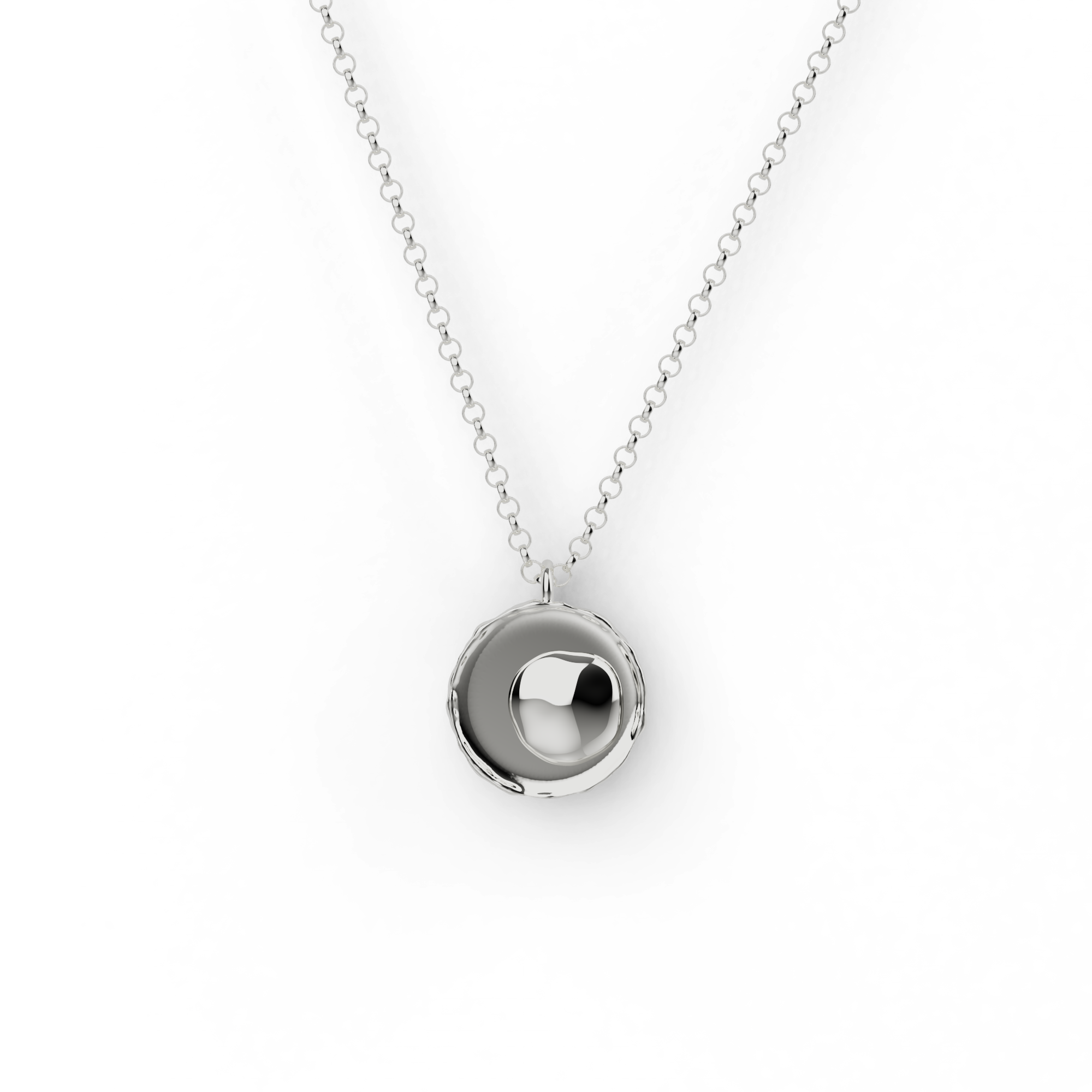 Close-up of a silver lymphocyte necklace on a delicate chain, inspired by immune cells. Close-up of a silver lymphocyte necklace on a delicate chain, inspired by immune cells.