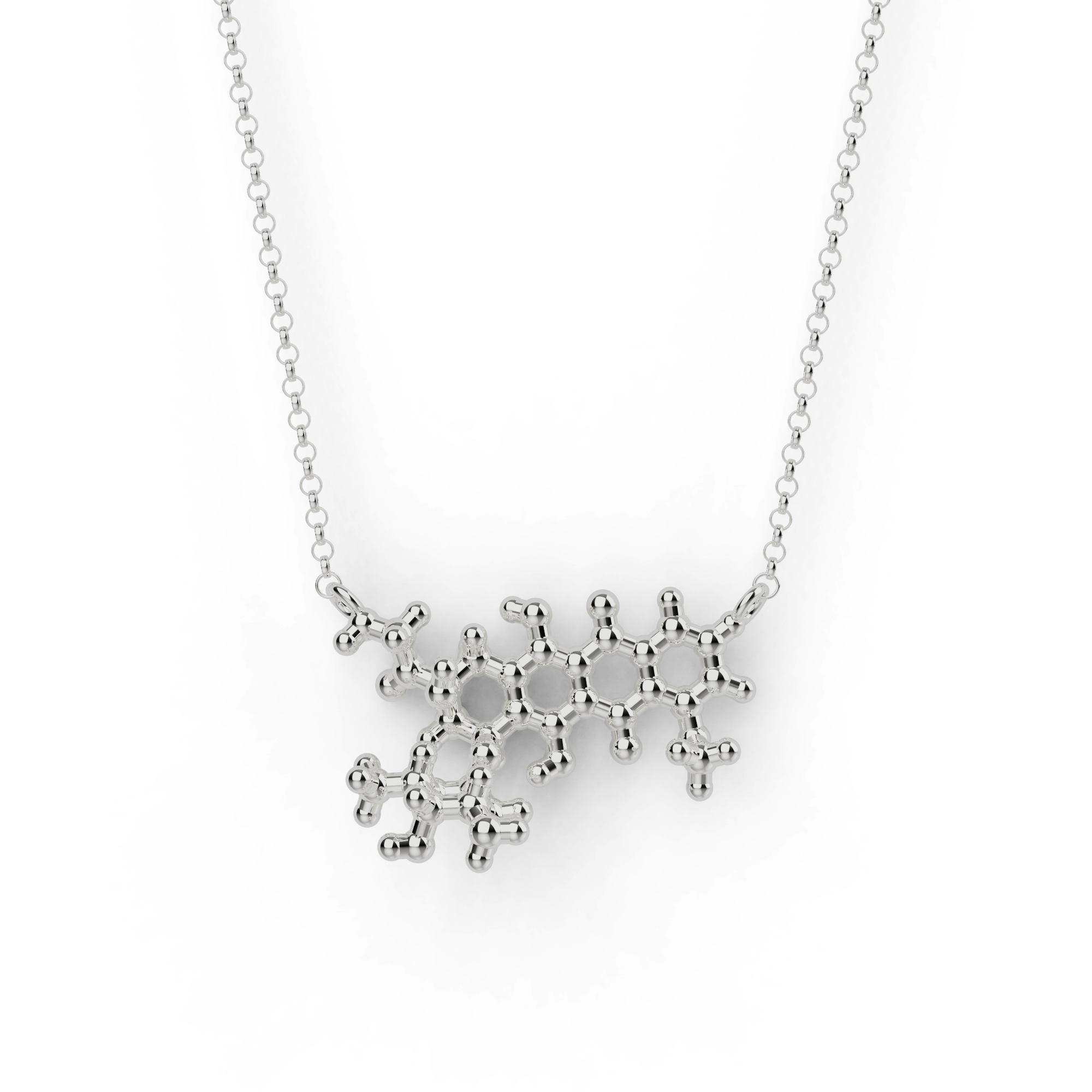 Sterling silver doxorubicin necklace featuring the molecular structure of the chemotherapy drug, elegantly designed for science lovers. Sterling silver doxorubicin necklace featuring the molecular structure of the chemotherapy drug, elegantly designed for science lovers.