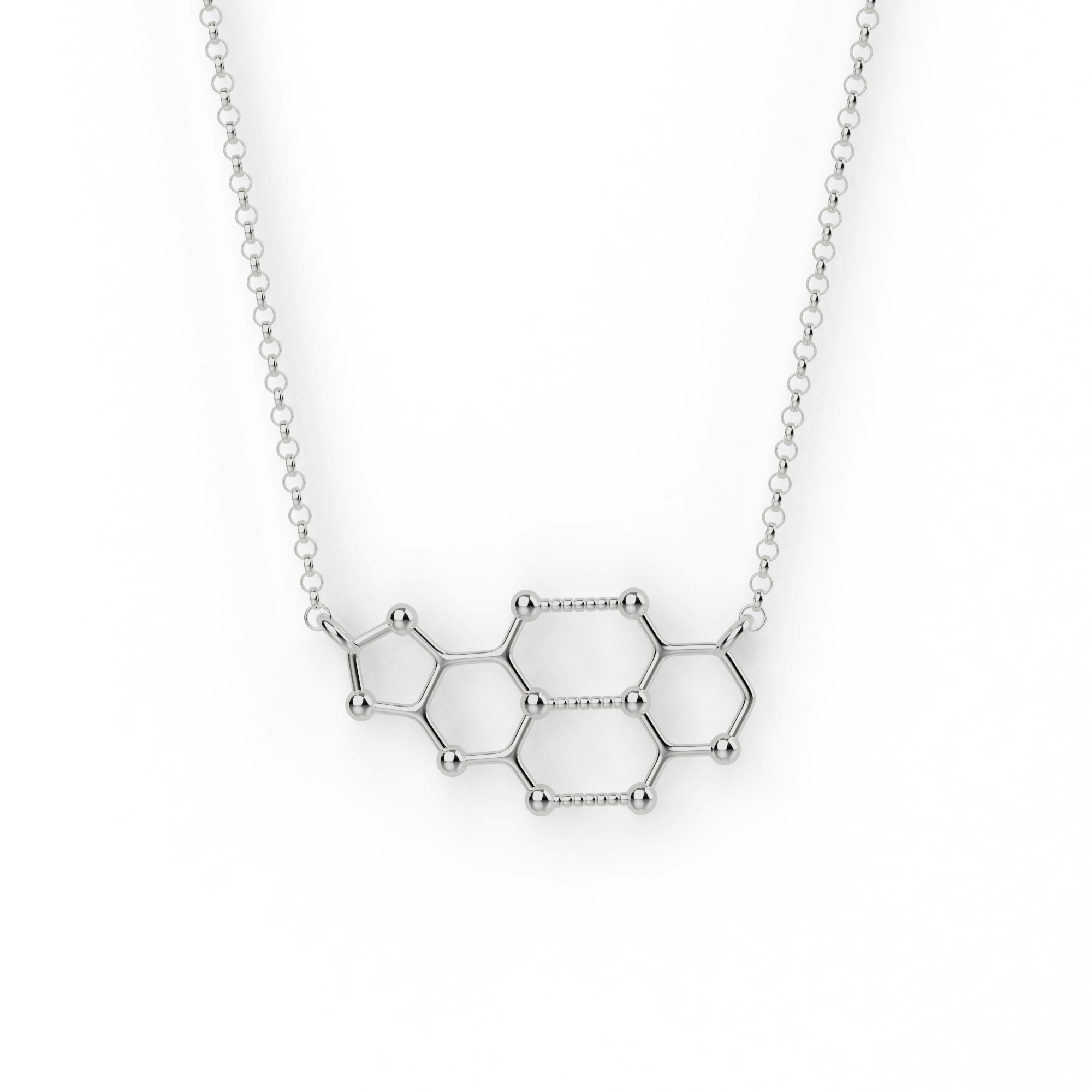 Cytosine-guanine necklace in sterling silver, inspired by DNA base pairs, featuring a molecularly accurate triple-bonded design. Cytosine-guanine necklace in sterling silver, inspired by DNA base pairs, featuring a molecularly accurate triple-bonded design.