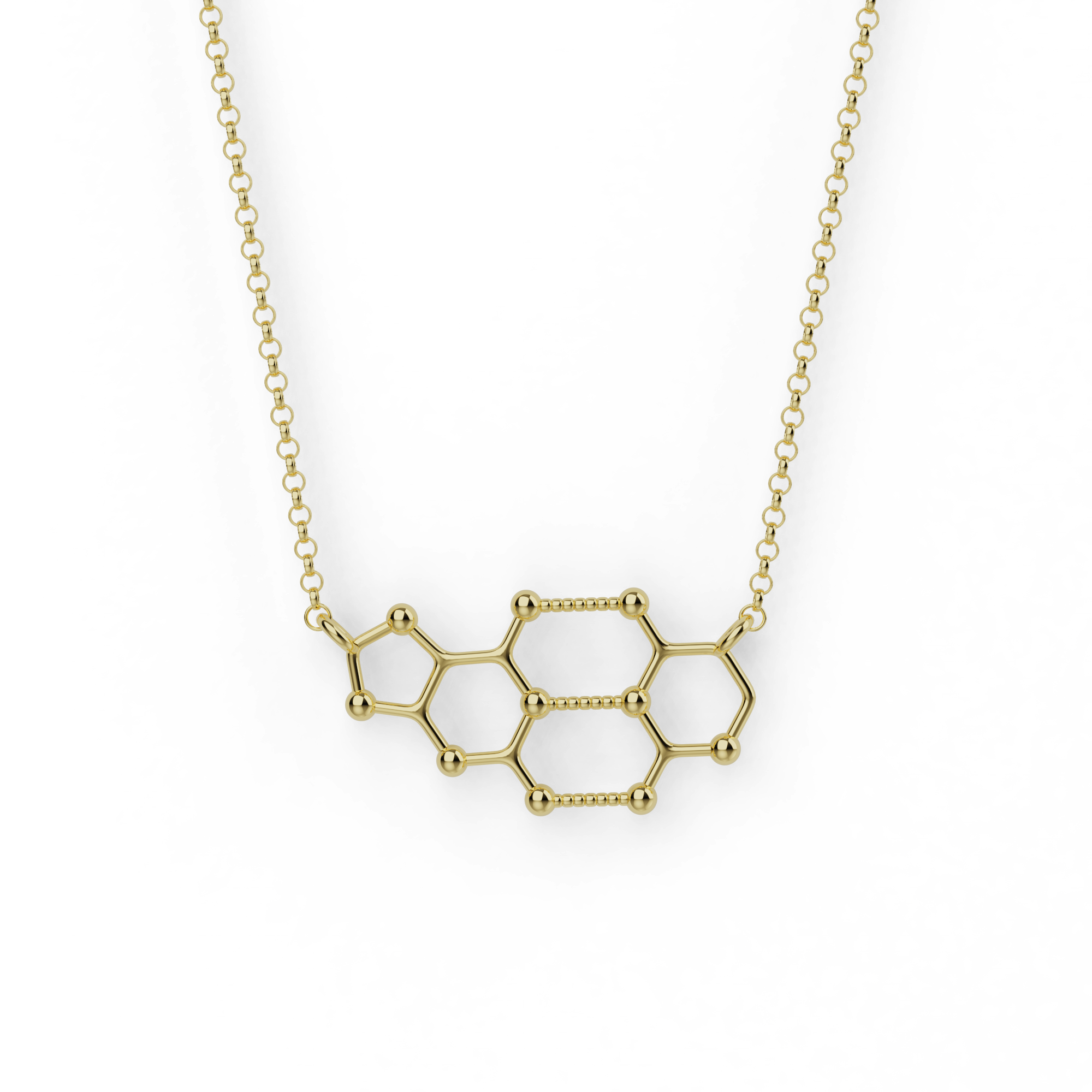 Gold vermeil cytosine-guanine necklace featuring a molecularly accurate DNA base pair design. Gold vermeil cytosine-guanine necklace featuring a molecularly accurate DNA base pair design.