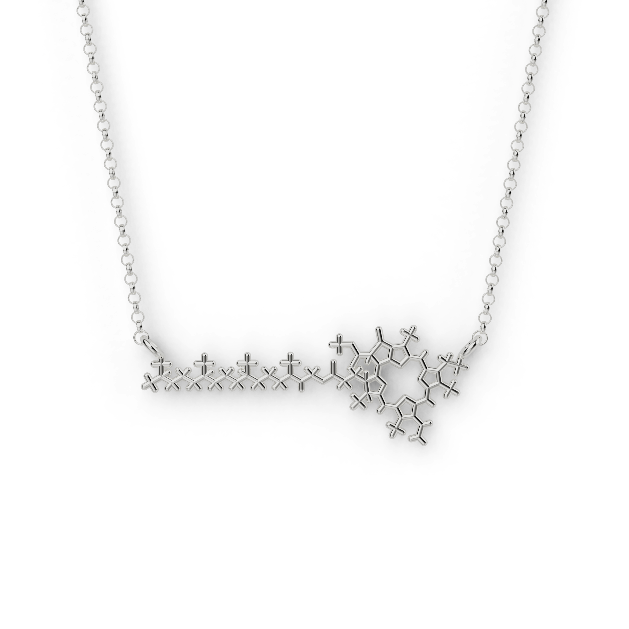Close-up of a silver chlorophyll molecule necklace, a science-inspired jewelry piece for plant lovers and scientists. Close-up of a silver chlorophyll molecule necklace, a science-inspired jewelry piece for plant lovers and scientists.