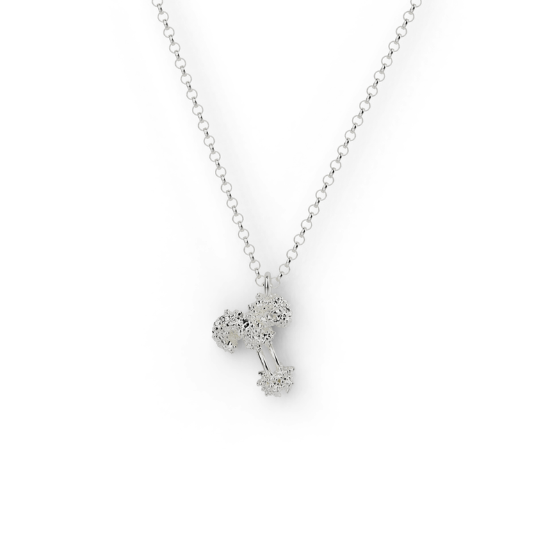 Close-up of a toll-like receptor necklace, a silver pendant inspired by immune system proteins. Close-up of a toll-like receptor necklace, a silver pendant inspired by immune system proteins.