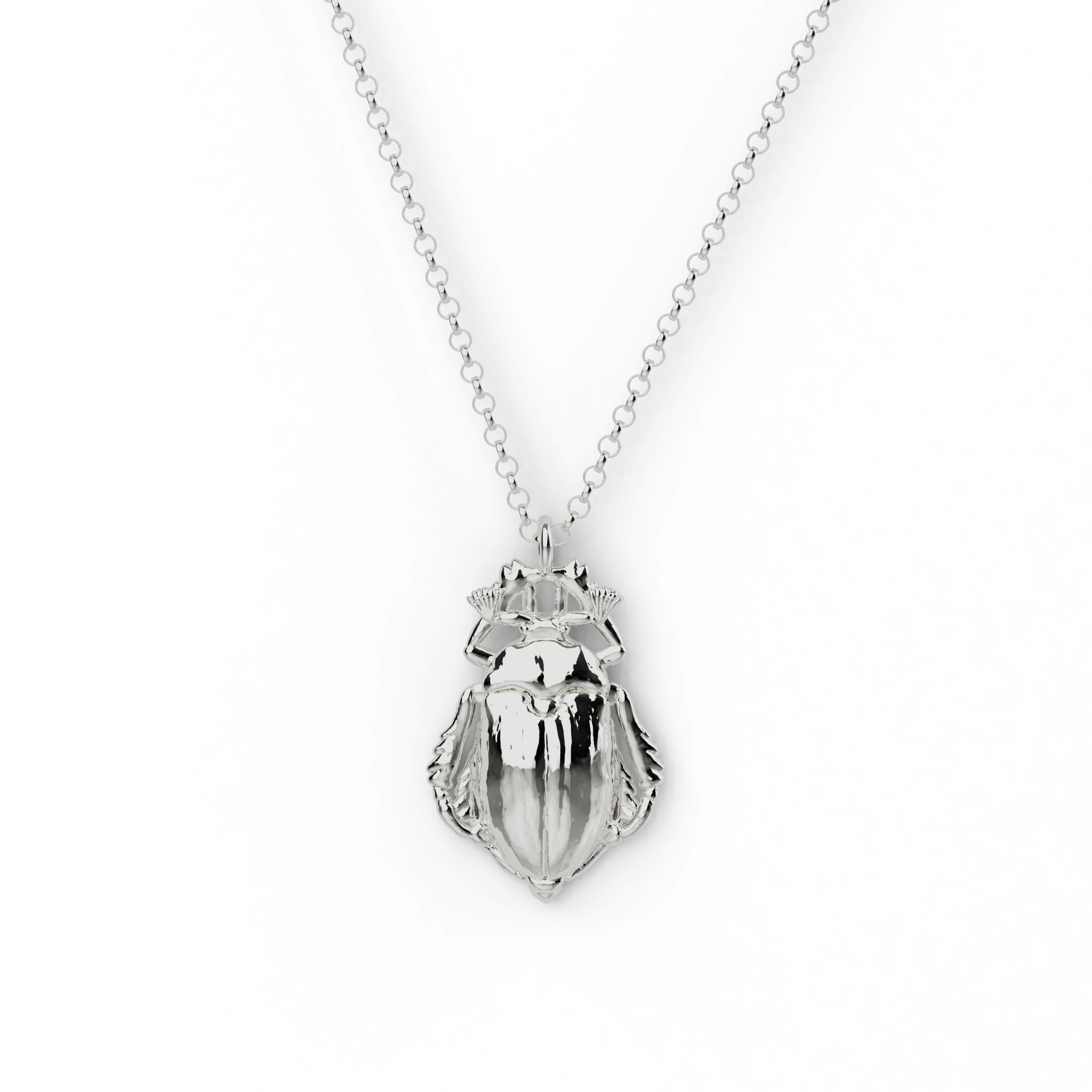 Close-up of the Cockchafer Necklace in sterling silver, featuring an intricately detailed beetle pendant inspired by the Maybug. Close-up of the Cockchafer Necklace in sterling silver, featuring an intricately detailed beetle pendant inspired by the Maybug.