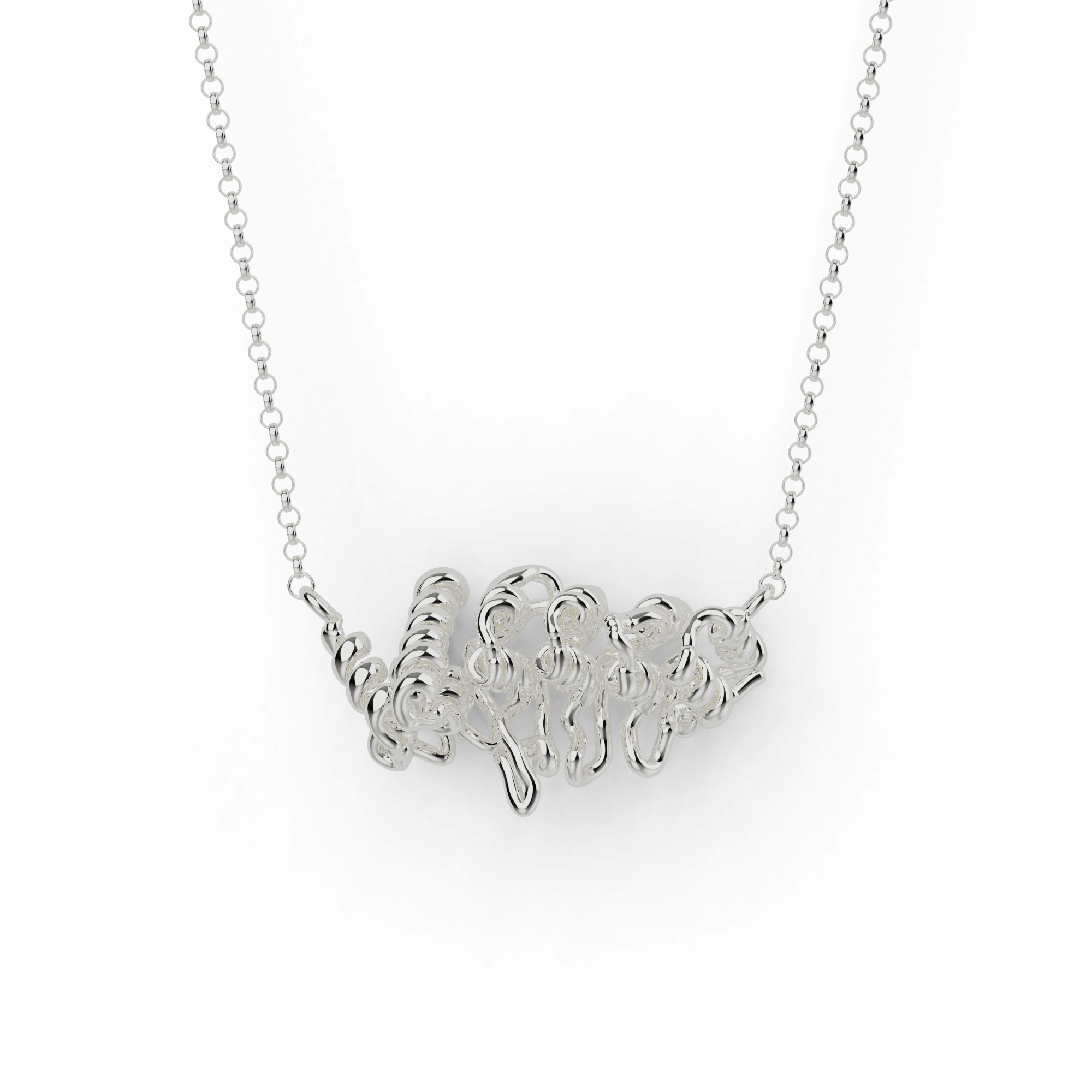 Close-up of the silver ankyrin necklace, a science-inspired jewelry piece representing the anchoring protein ankyrin. A perfect gift for biologists and science lovers. Close-up of the silver ankyrin necklace, a science-inspired jewelry piece representing the anchoring protein ankyrin. A perfect gift for biologists and science lovers.