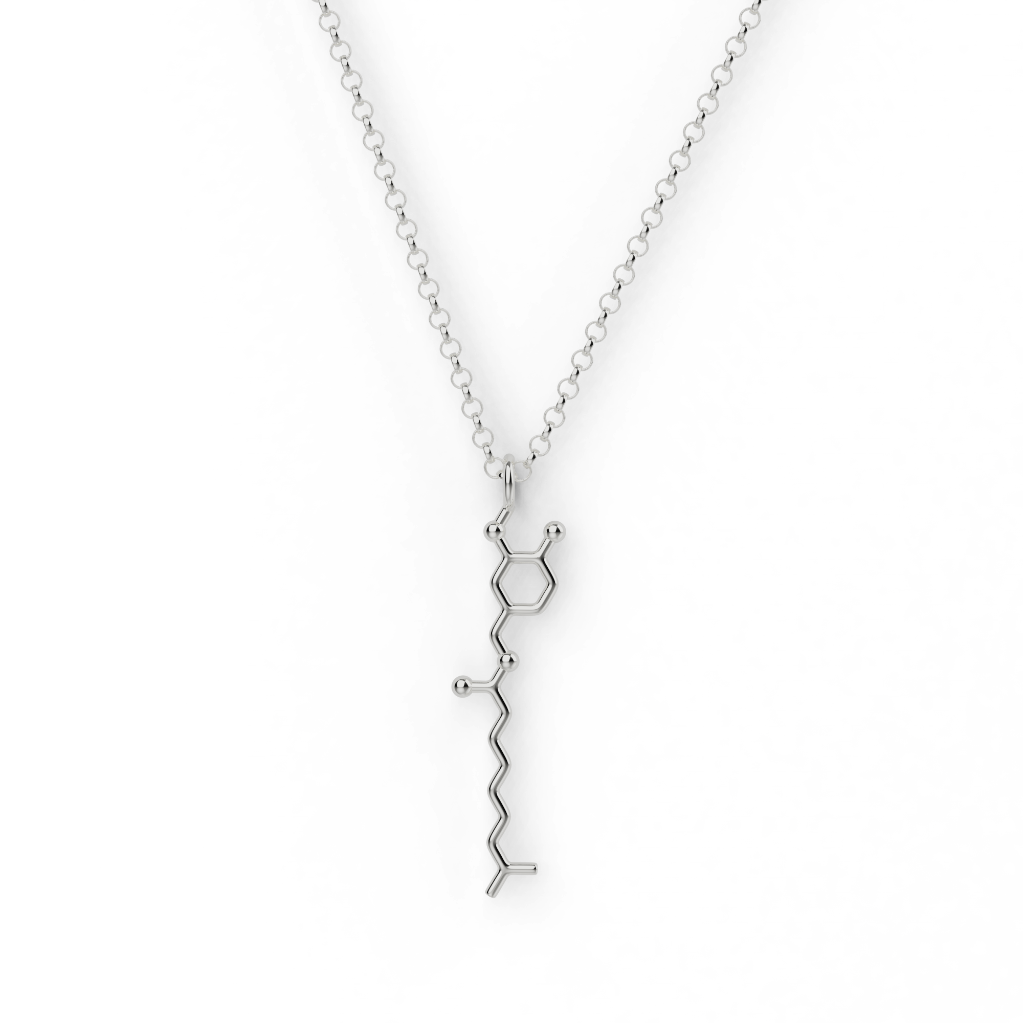 Sterling silver capsaicin necklace showcasing the fiery chili pepper molecule design, perfect science gift for chemistry lovers. Sterling silver capsaicin necklace showcasing the fiery chili pepper molecule design, perfect science gift for chemistry lovers.