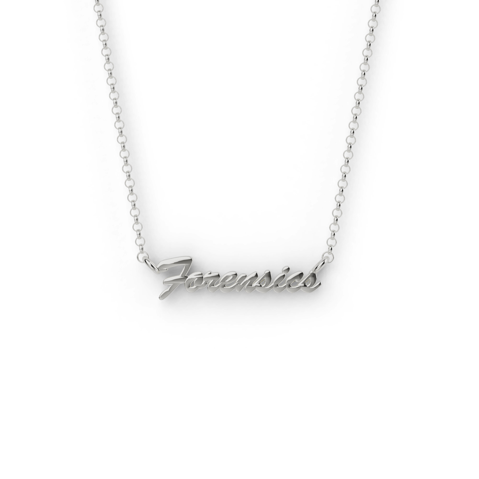 Silver forensics necklace displayed on a white background, featuring elegant script text spelling “forensics” – perfect for science and true crime fans. Silver forensics necklace displayed on a white background, featuring elegant script text spelling “forensics” – perfect for science and true crime fans.