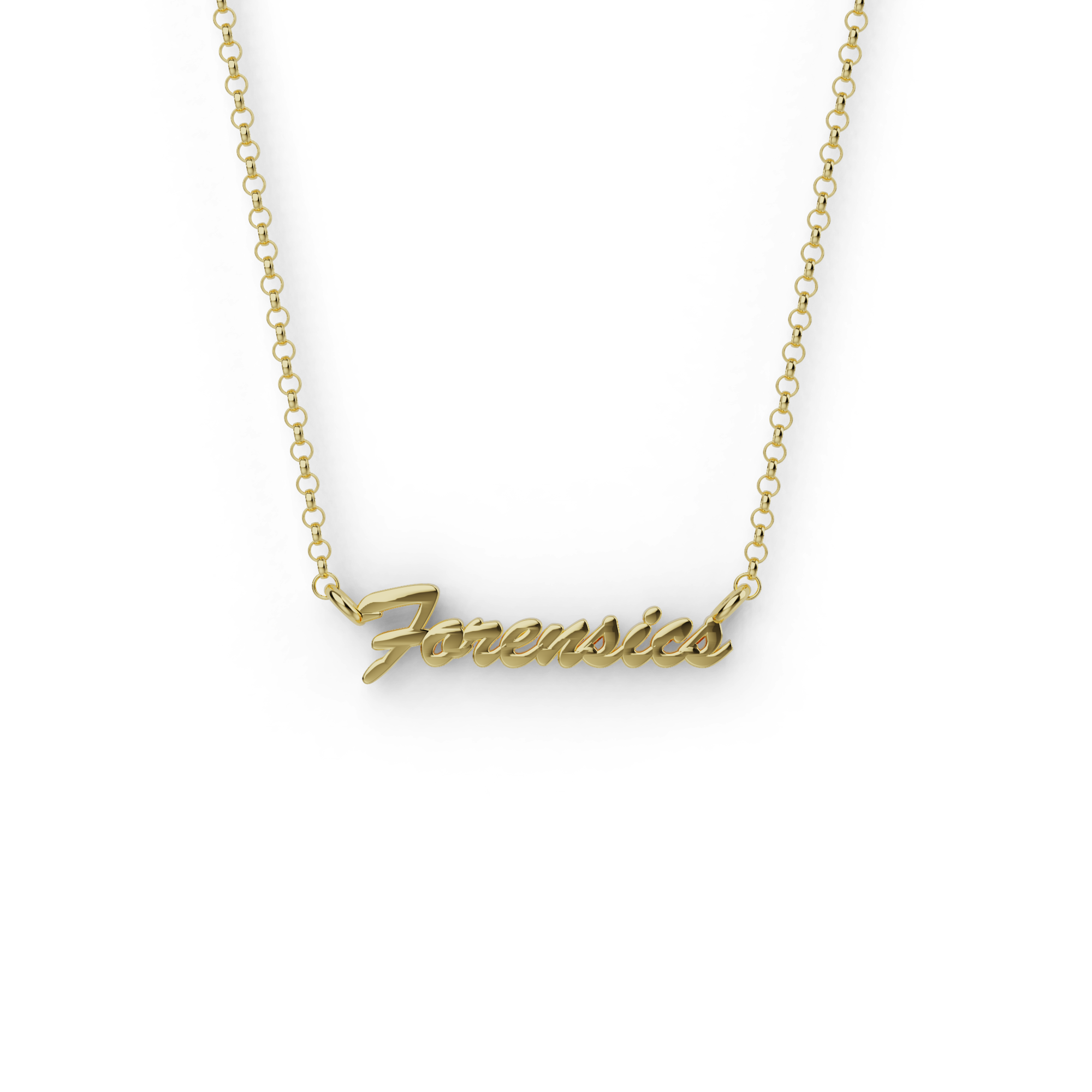 Gold vermeil forensics necklace photographed on a white background, featuring a sleek science-inspired script. Gold vermeil forensics necklace photographed on a white background, featuring a sleek science-inspired script.