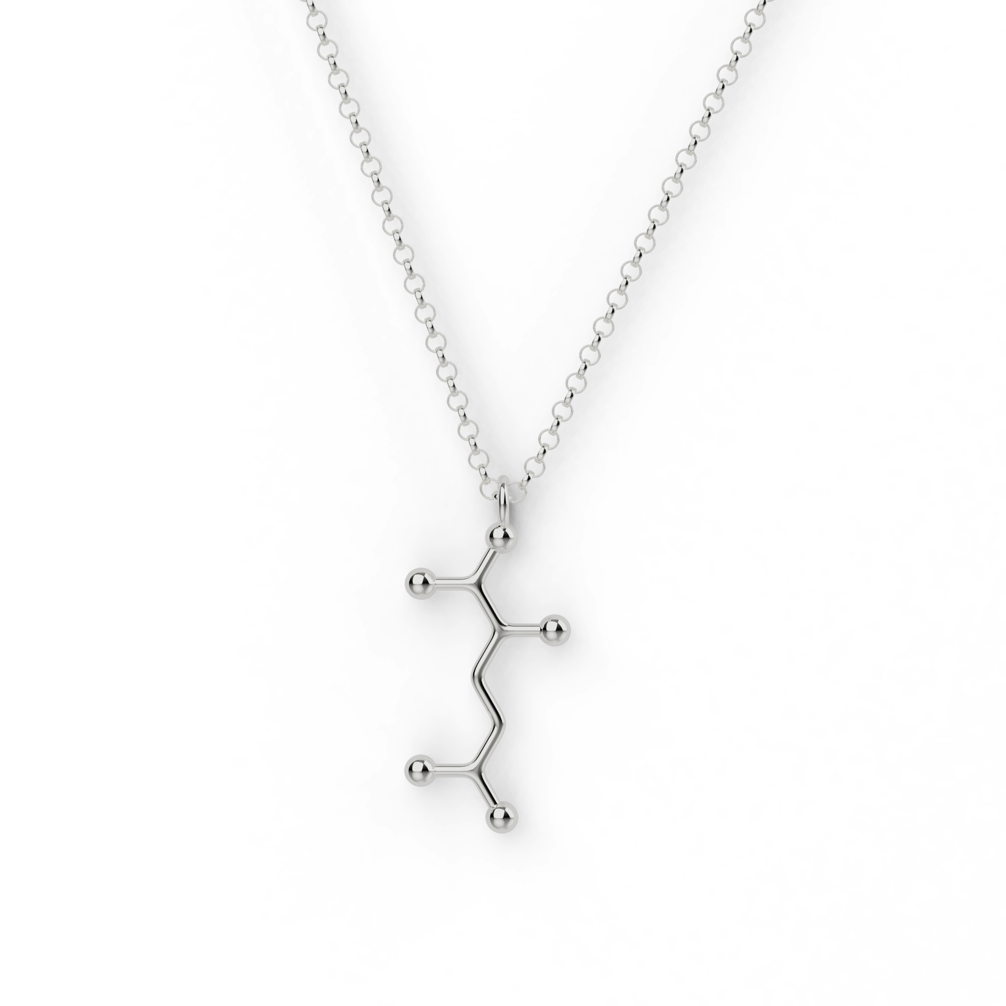 Sterling silver glutamate necklace on a white background, featuring the molecular structure of glutamate—perfect for science lovers and neuroscience fans. Sterling silver glutamate necklace on a white background, featuring the molecular structure of glutamate—perfect for science lovers and neuroscience fans.