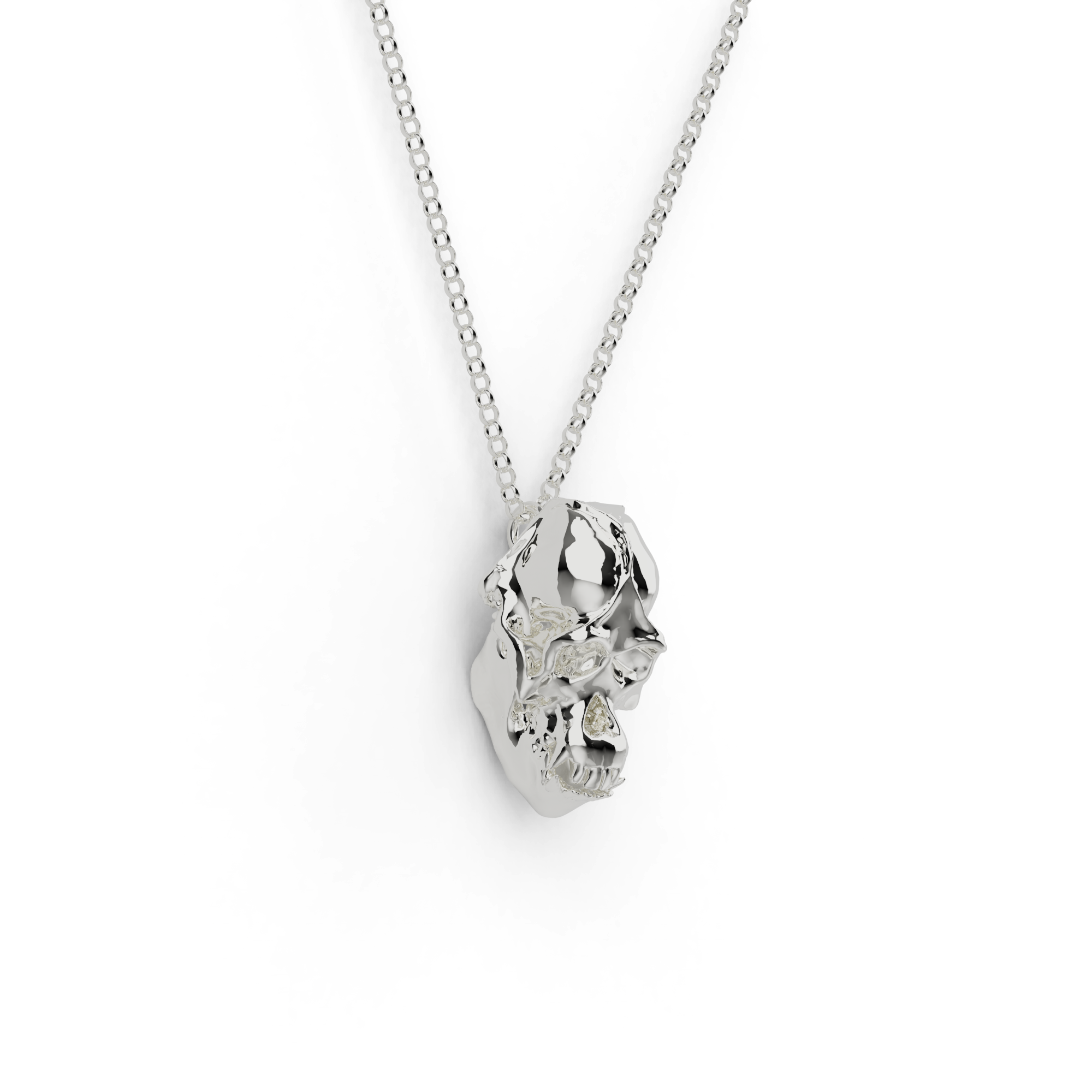 Front view of sterling silver orangutan skull necklace on chain – science-inspired jewelry tribute to great apes. Front view of sterling silver orangutan skull necklace on chain – science-inspired jewelry tribute to great apes.