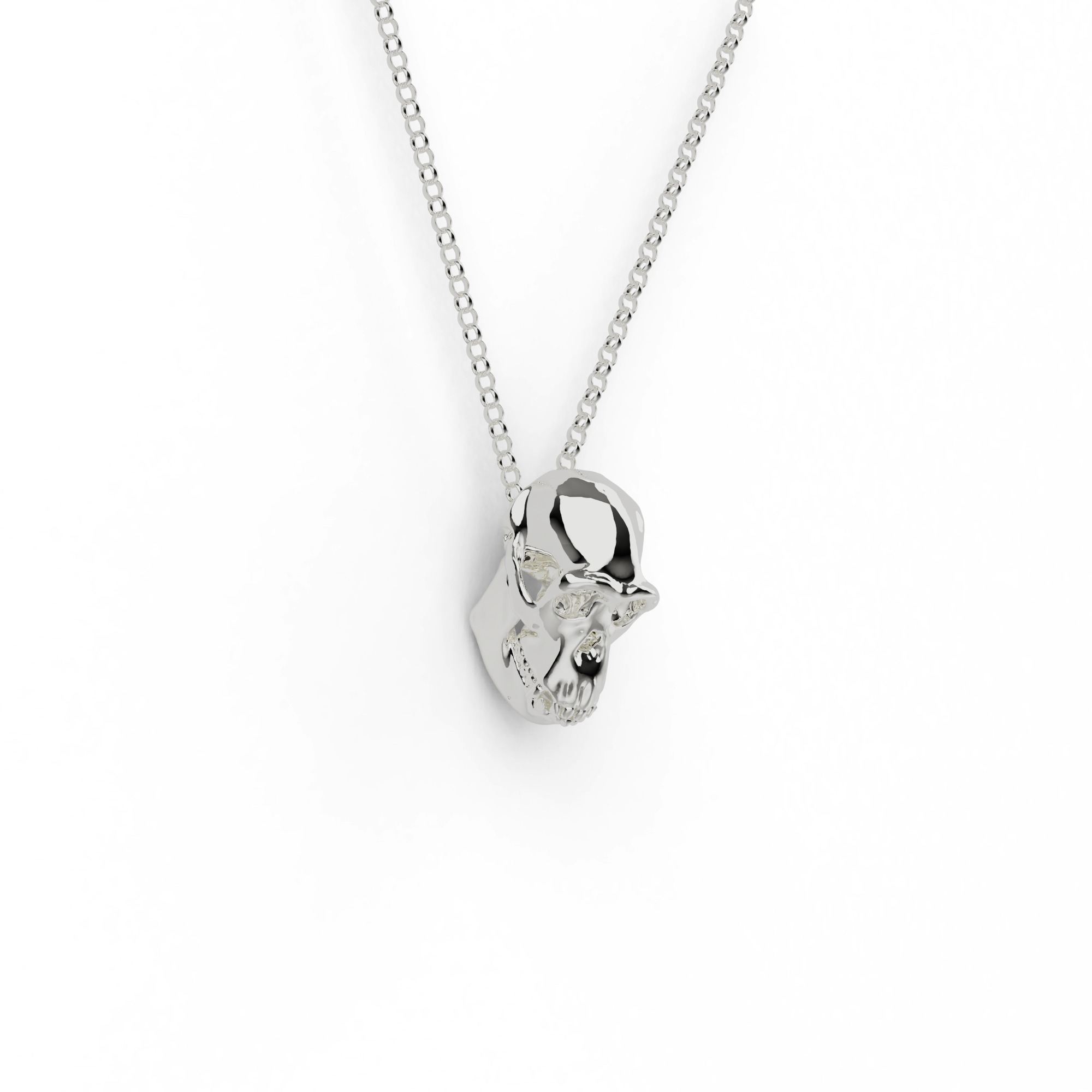 Sterling silver chimpanzee necklace featuring a 3D printed chimp skull pendant, inspired by primate anatomy and evolutionary science Sterling silver chimpanzee necklace featuring a 3D printed chimp skull pendant, inspired by primate anatomy and evolutionary science