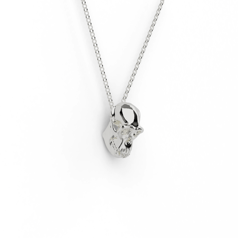 Sterling silver chimpanzee necklace featuring a 3D printed chimp skull pendant, inspired by primate anatomy and evolutionary science Sterling silver chimpanzee necklace featuring a 3D printed chimp skull pendant, inspired by primate anatomy and evolutionary science