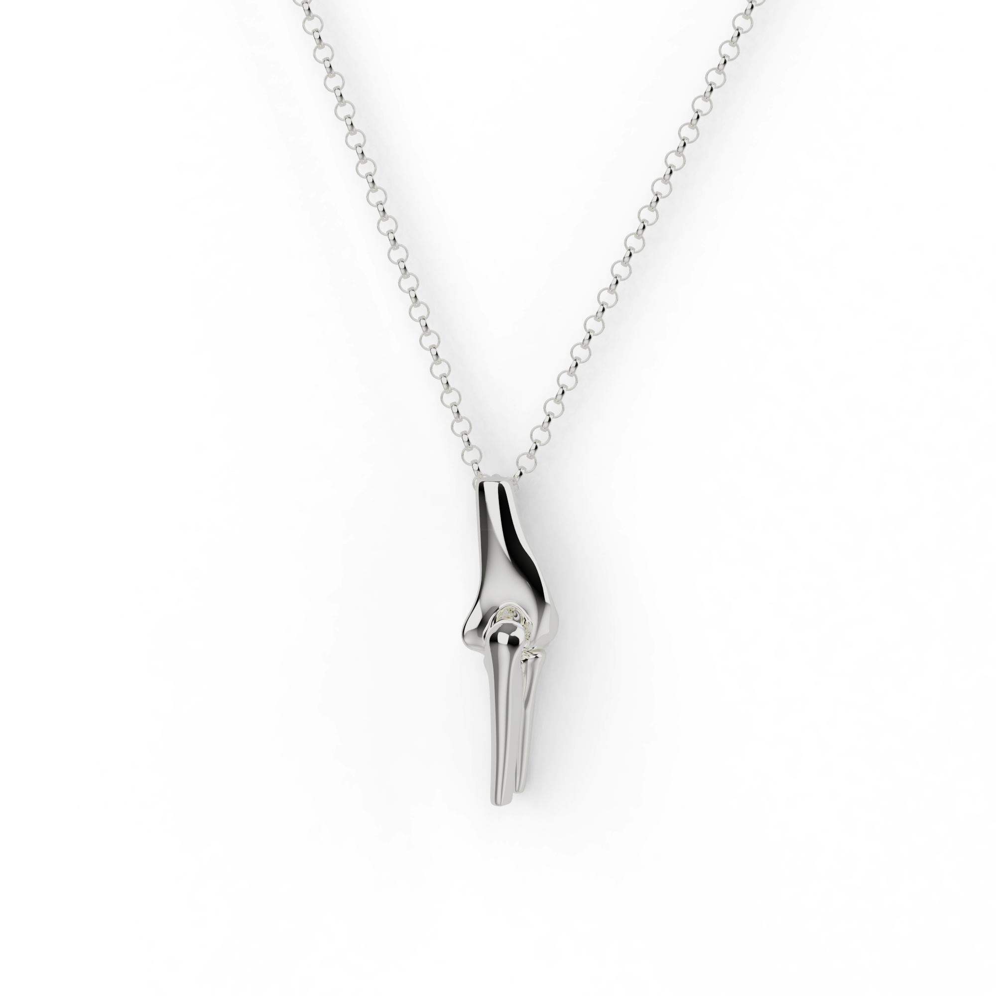 Elbow necklace in sterling silver showing anatomical hinge joint design – science-inspired jewelry Elbow necklace in sterling silver showing anatomical hinge joint design – science-inspired jewelry