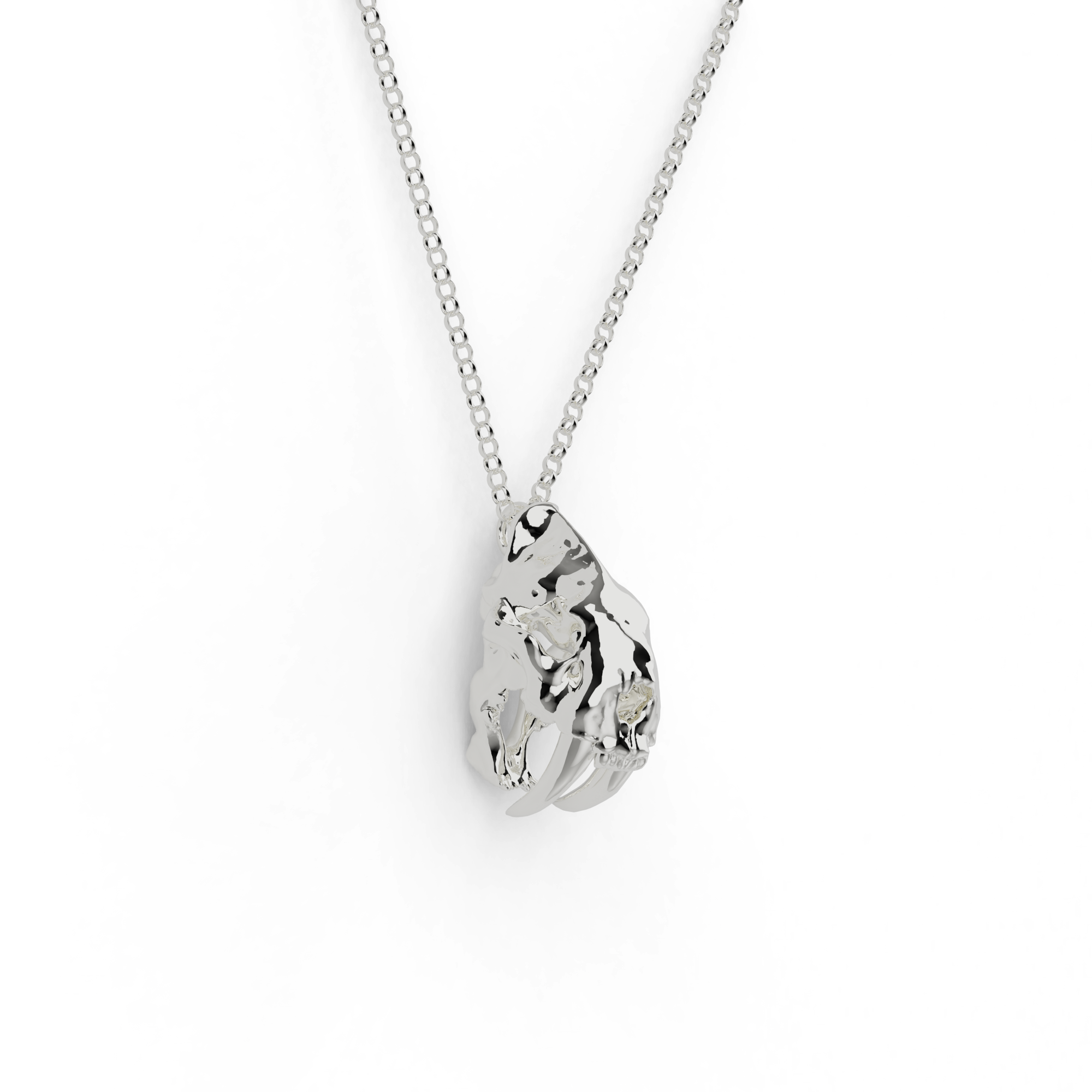 Sabertooth tiger skull necklace in sterling silver with detailed 3D-printed fossil design Sabertooth tiger skull necklace in sterling silver with detailed 3D-printed fossil design