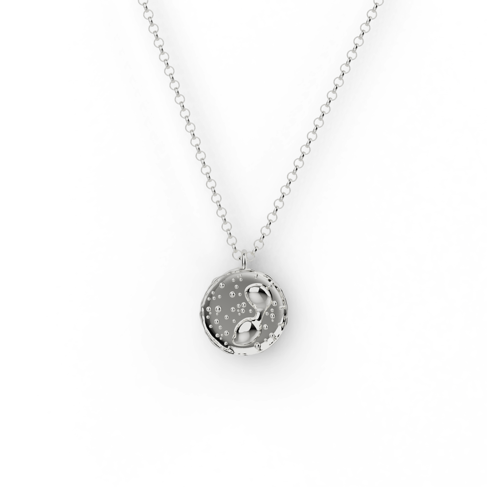 Sterling silver eosinophil necklace displayed on chain – science-inspired jewelry gift for allergy sufferers and immunologists. Sterling silver eosinophil necklace displayed on chain – science-inspired jewelry gift for allergy sufferers and immunologists.