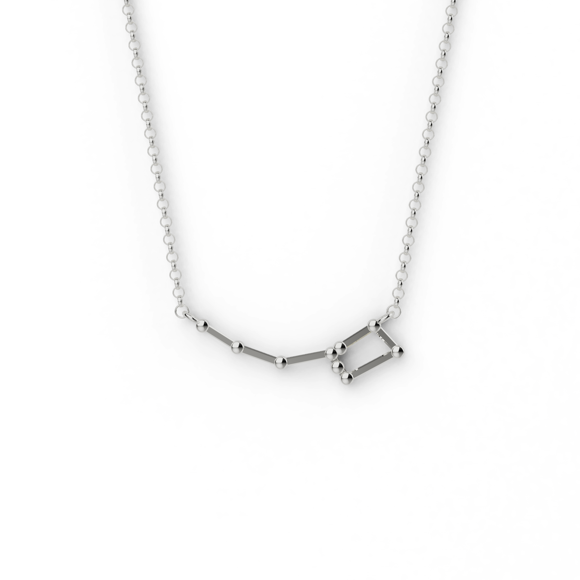 Silver Ursa Minor necklace featuring the Little Dipper constellation with Polaris, displayed on a white background. Silver Ursa Minor necklace featuring the Little Dipper constellation with Polaris, displayed on a white background.