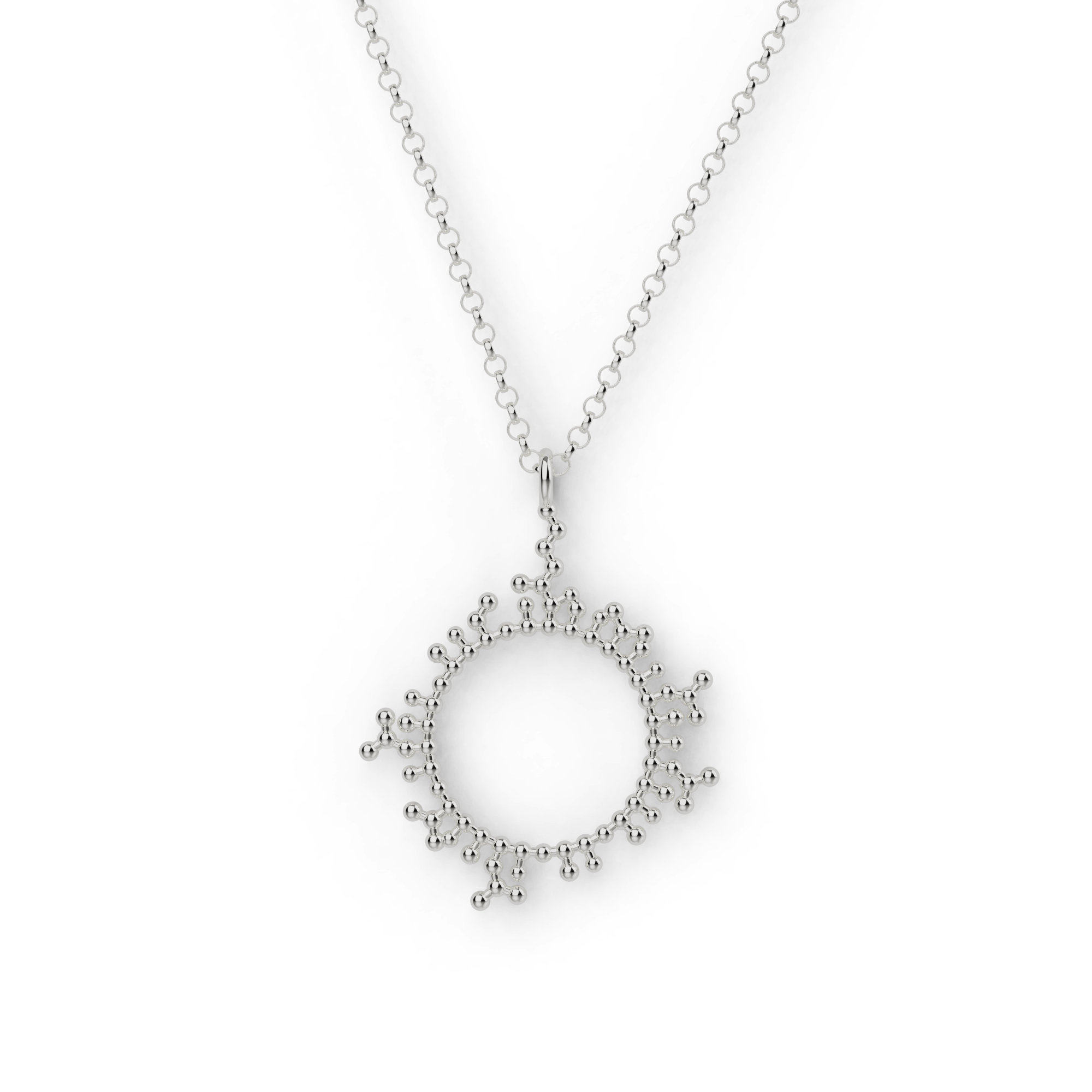 Silver cyclosporine necklace showing detailed molecular structure, inspired by immunosuppressant medicine, on a delicate chain. Silver cyclosporine necklace showing detailed molecular structure, inspired by immunosuppressant medicine, on a delicate chain.
