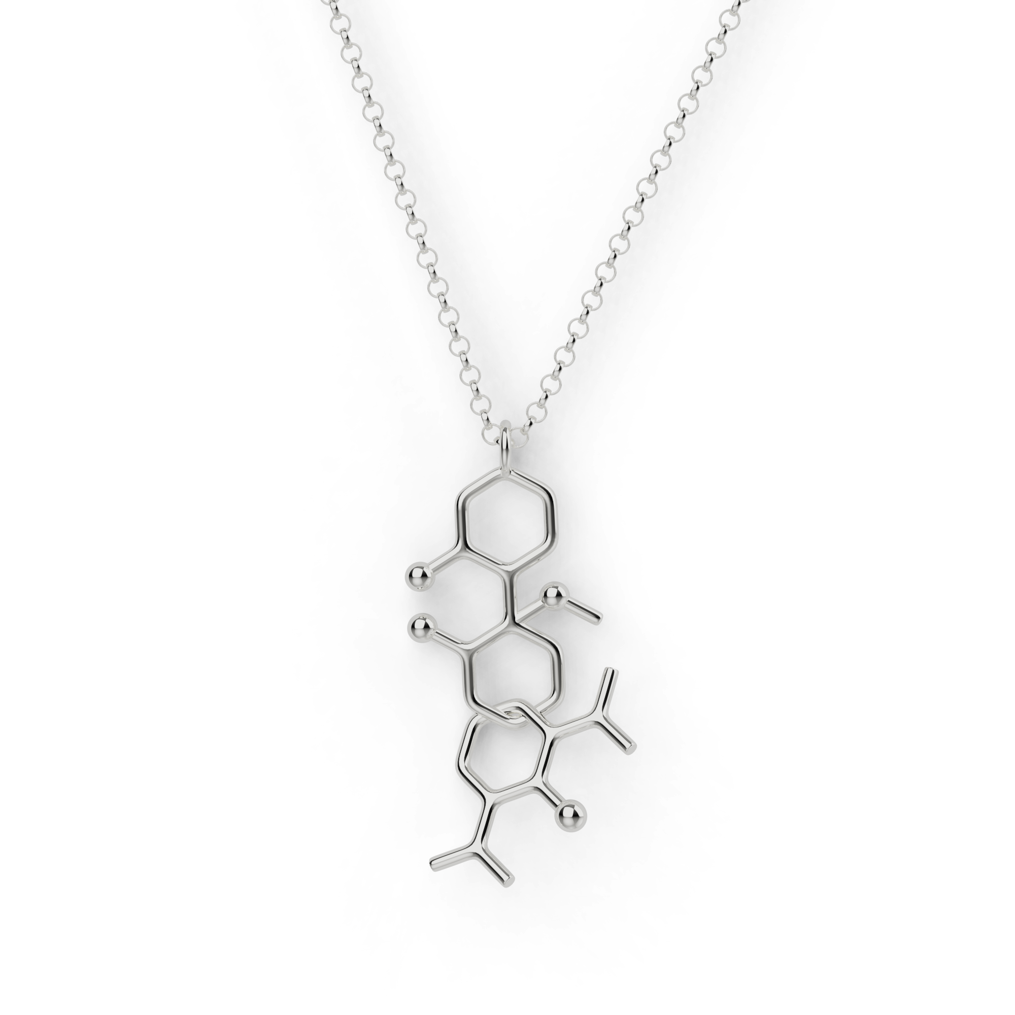 Sterling silver ketamine propofol necklace showing interlocked molecular structures, science-inspired jewelry for anesthesiologists and chemistry lovers. Sterling silver ketamine propofol necklace showing interlocked molecular structures, science-inspired jewelry for anesthesiologists and chemistry lovers.