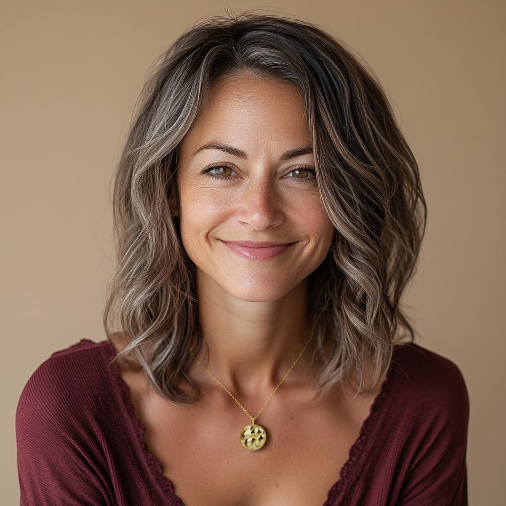 woman wearing the 4 Cell Embryo Necklace in gold vermeil, showcasing the pendant against her neckline. The necklace elegantly highlights the intricate design inspired by the earliest stage of human development.  woman wearing the 4 Cell Embryo Necklace in gold vermeil, showcasing the pendant against her neckline. The necklace elegantly highlights the intricate design inspired by the earliest stage of human development.