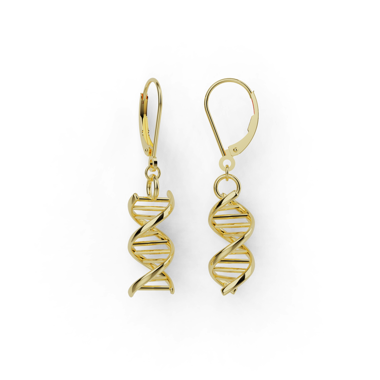 Gold vermeil DNA earrings showing twisted double helix design – science-inspired jewelry. Gold vermeil DNA earrings showing twisted double helix design – science-inspired jewelry.