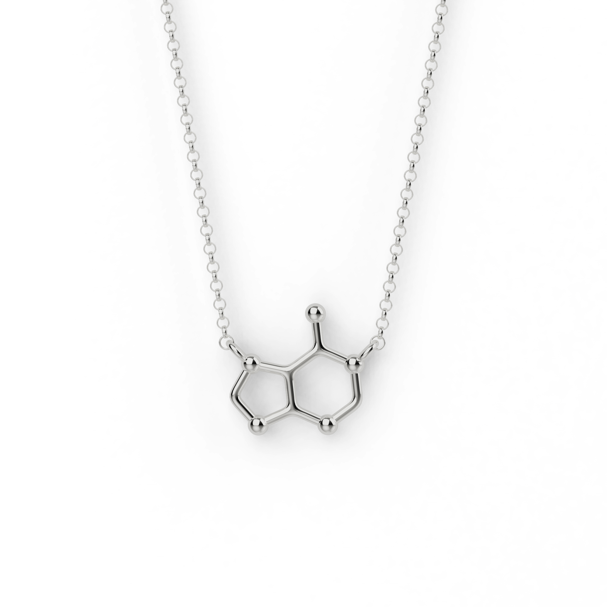 Close-up of adenine necklace in sterling silver – a molecular jewelry piece for science lovers. Close-up of adenine necklace in sterling silver – a molecular jewelry piece for science lovers.