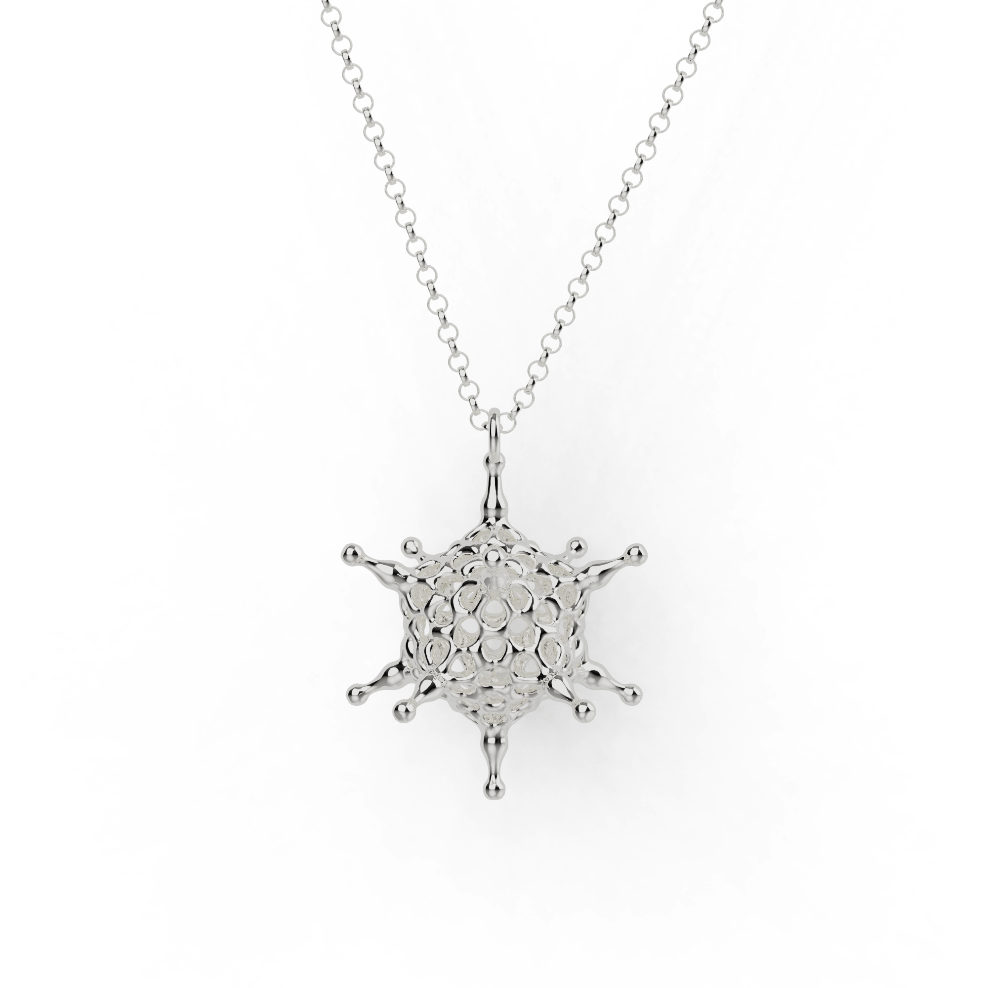 Adenovirus necklace in sterling silver, featuring a 3D printed design inspired by viral symmetry. Adenovirus necklace in sterling silver, featuring a 3D printed design inspired by viral symmetry.