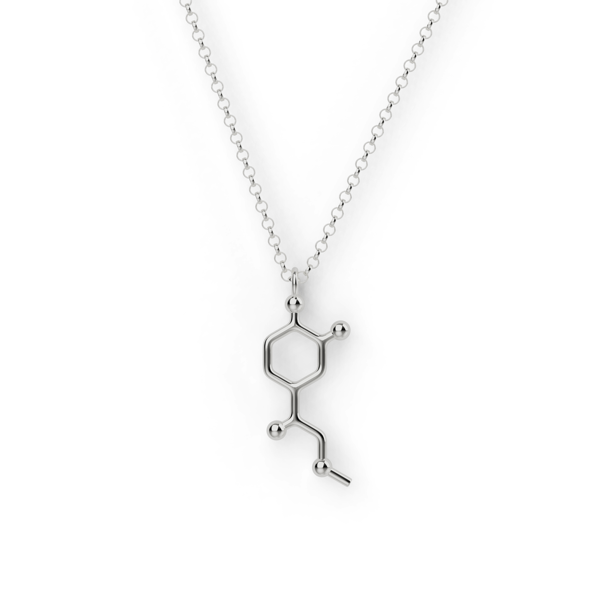 Sterling silver adrenaline molecule necklace, science-inspired jewelry for thrill-seekers. Sterling silver adrenaline molecule necklace, science-inspired jewelry for thrill-seekers.