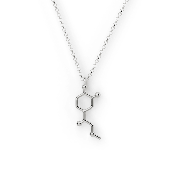 Sterling silver adrenaline molecule necklace, science-inspired jewelry for thrill-seekers. Sterling silver adrenaline molecule necklace, science-inspired jewelry for thrill-seekers.