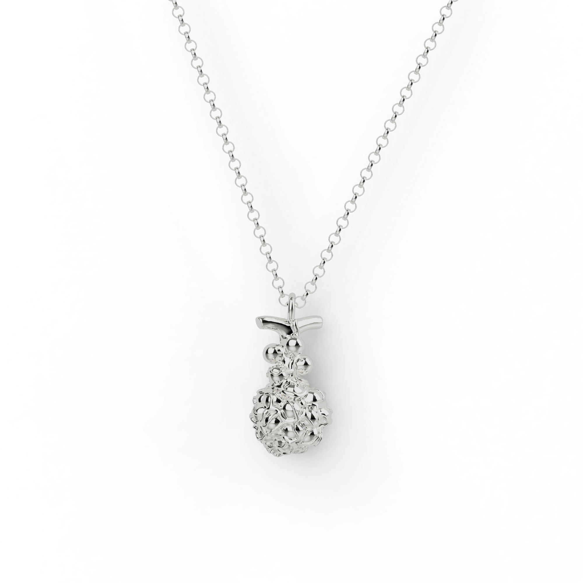 Close-up of the Alveolus Necklace in sterling silver, shaped like a cluster of alveoli, showcasing intricate scientific detail. Close-up of the Alveolus Necklace in sterling silver, shaped like a cluster of alveoli, showcasing intricate scientific detail.