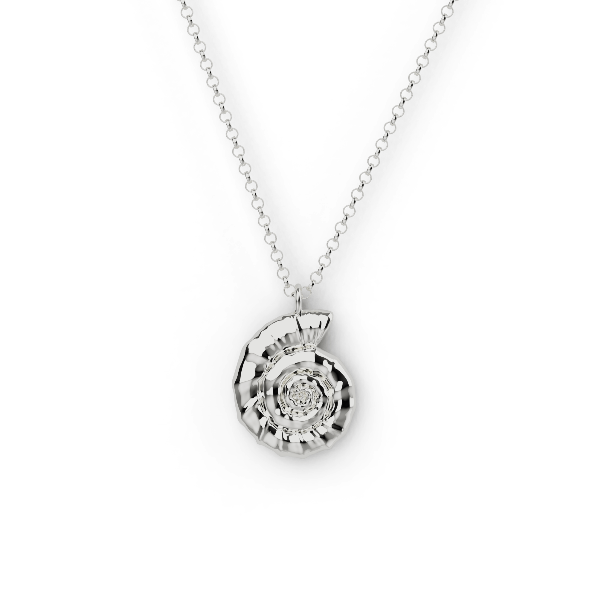 Silver Ammonite Necklace, featuring a detailed fossil-inspired design for history lovers. Silver Ammonite Necklace, featuring a detailed fossil-inspired design for history lovers.