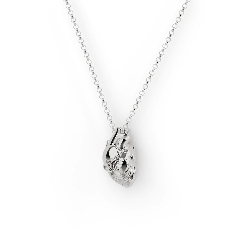 Close-up of Anatomical Heart Necklace in sterling silver, showing intricate vein and artery details. Close-up of Anatomical Heart Necklace in sterling silver, showing intricate vein and artery details.
