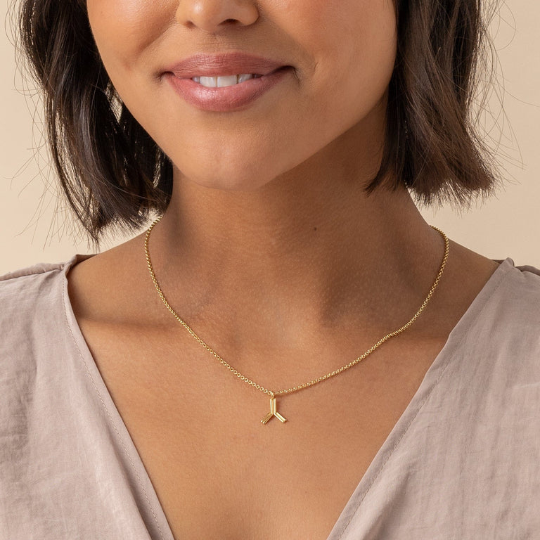 Angled view of antibody necklace in gold vermeil, inspired by immune system proteins. Angled view of antibody necklace in gold vermeil, inspired by immune system proteins.