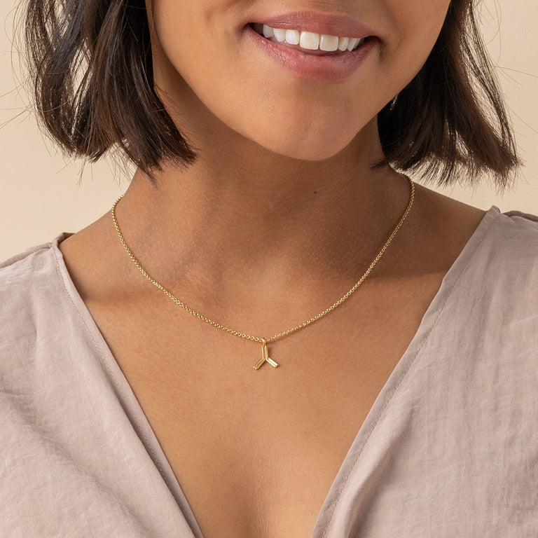 Gold vermeil antibody necklace worn casually, blending scientific elegance with everyday style. Gold vermeil antibody necklace worn casually, blending scientific elegance with everyday style.
