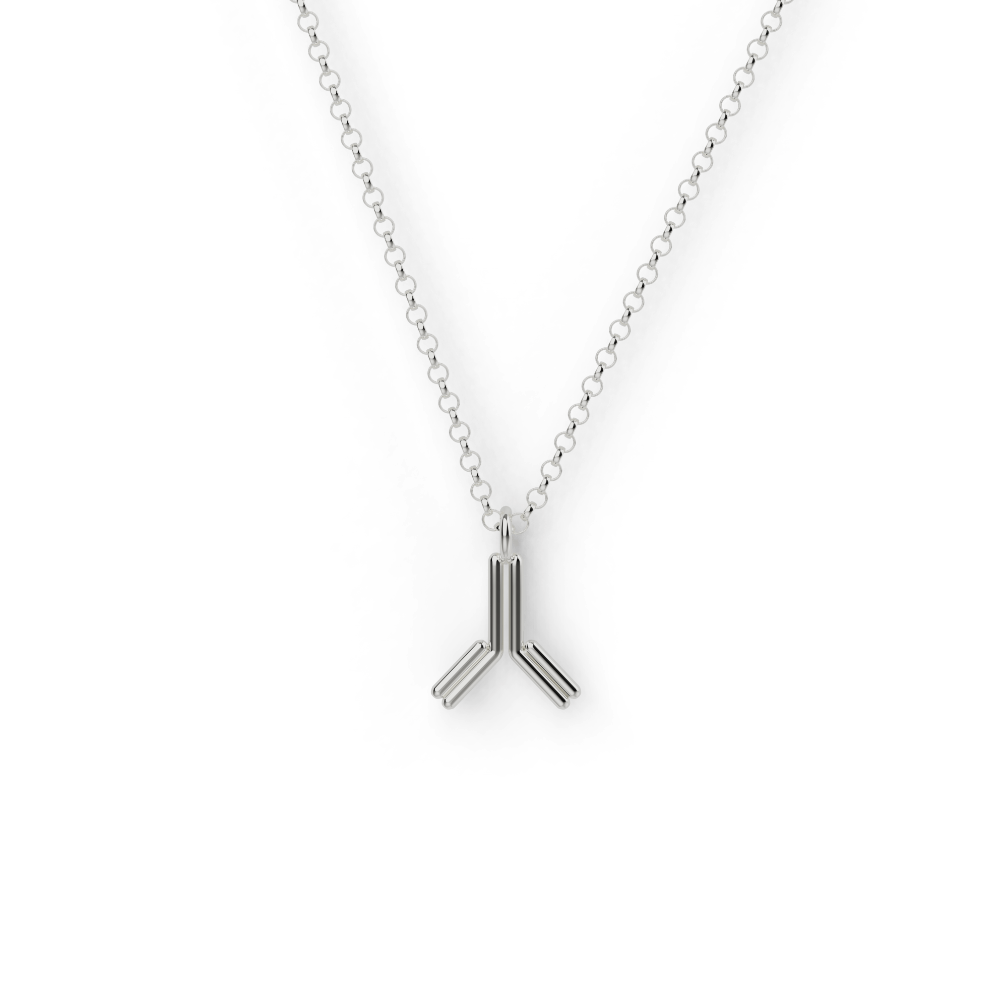 Close-up of sterling silver antibody necklace, science-inspired jewelry. Close-up of sterling silver antibody necklace, science-inspired jewelry.