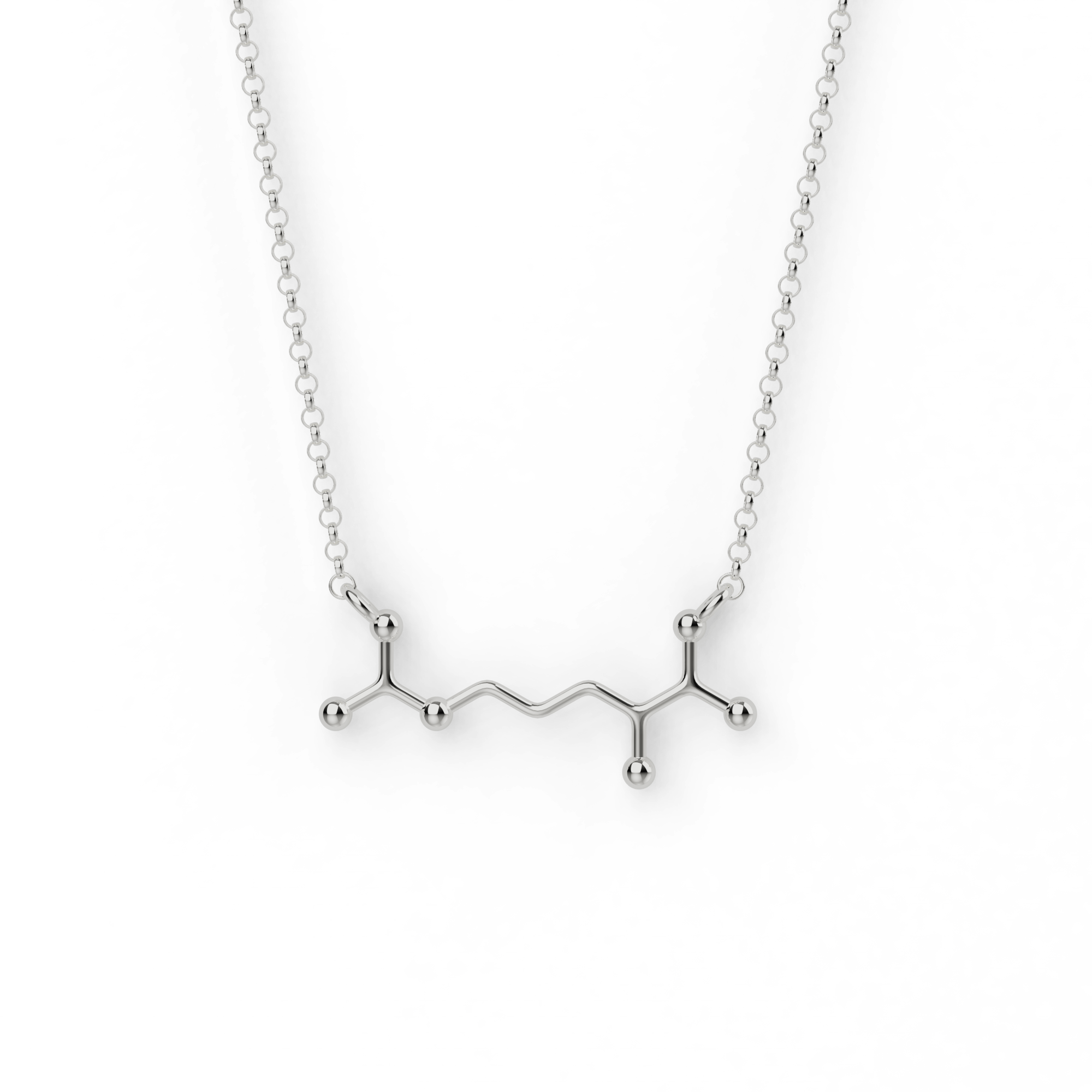 Sterling silver arginine necklace featuring the molecular structure of the amino acid, perfect for biochemistry lovers. Sterling silver arginine necklace featuring the molecular structure of the amino acid, perfect for biochemistry lovers.