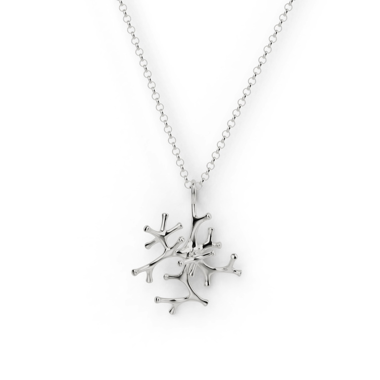 Sterling silver astrocyte necklace displayed on a neutral background – science-inspired jewelry. Sterling silver astrocyte necklace displayed on a neutral background – science-inspired jewelry.