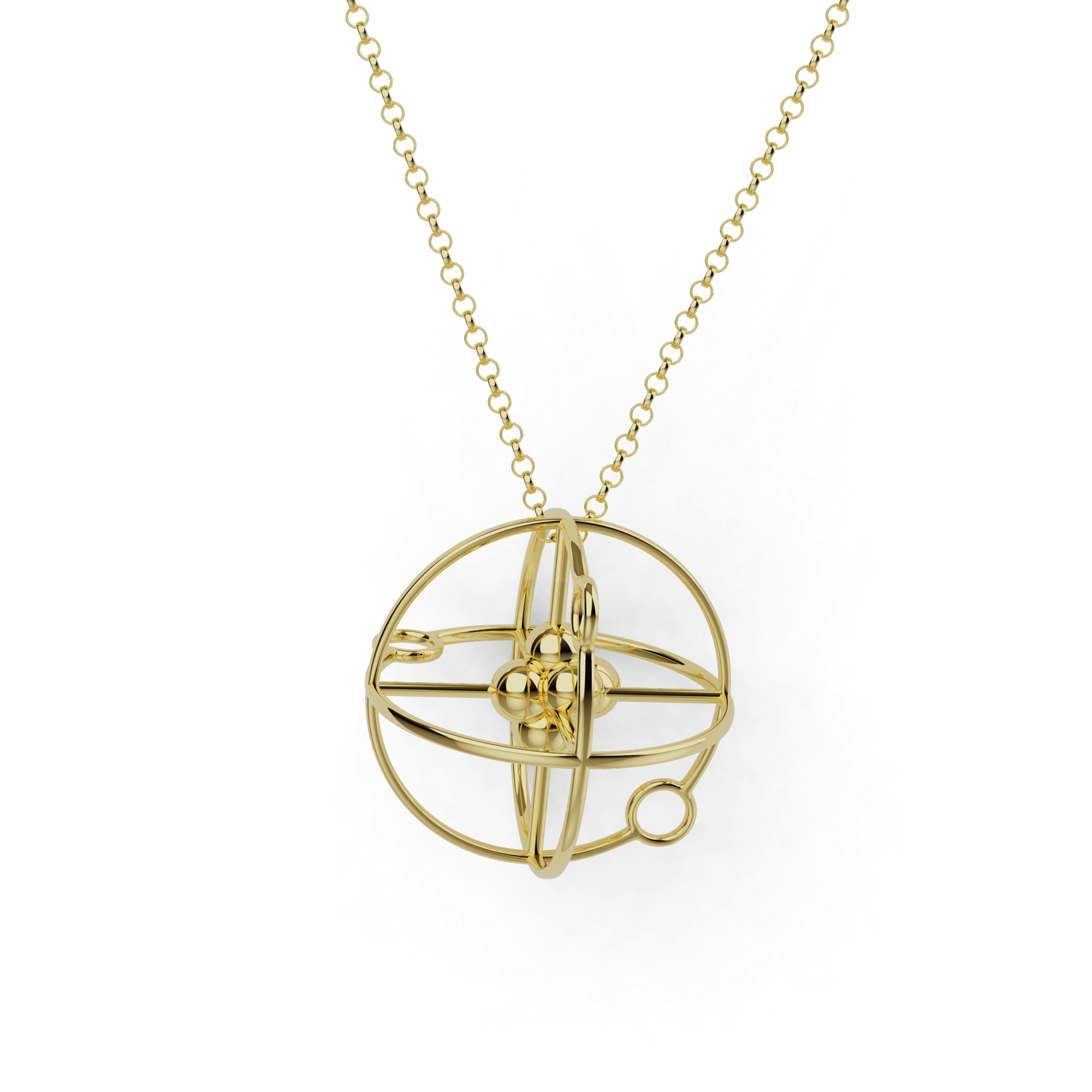 Gold vermeil atom necklace in 3D design, inspired by atomic structure, perfect for science enthusiasts and elegant style. Gold vermeil atom necklace in 3D design, inspired by atomic structure, perfect for science enthusiasts and elegant style.