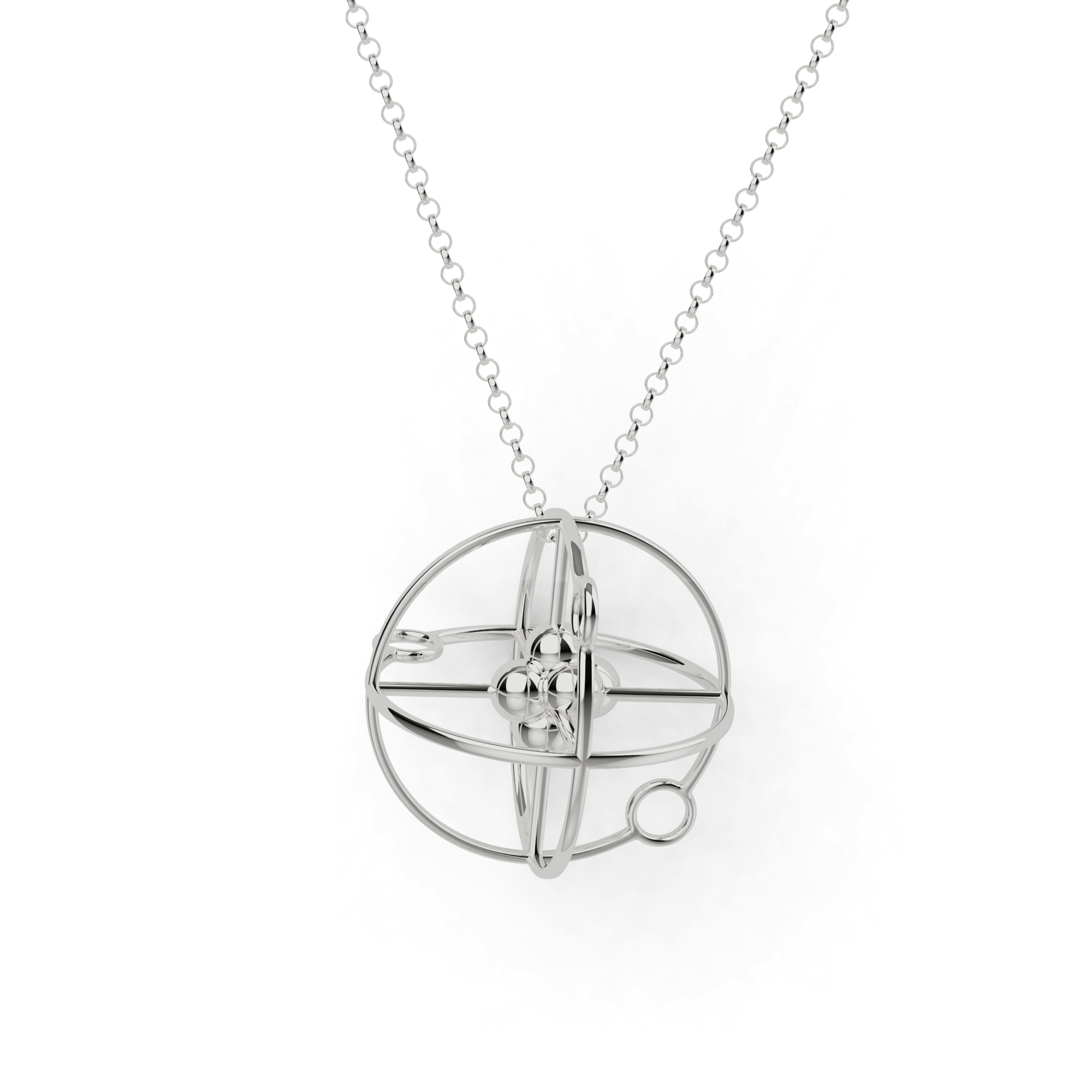 3D atom necklace in sterling silver on a chain, scientifically inspired jewelry piece. 3D atom necklace in sterling silver on a chain, scientifically inspired jewelry piece.