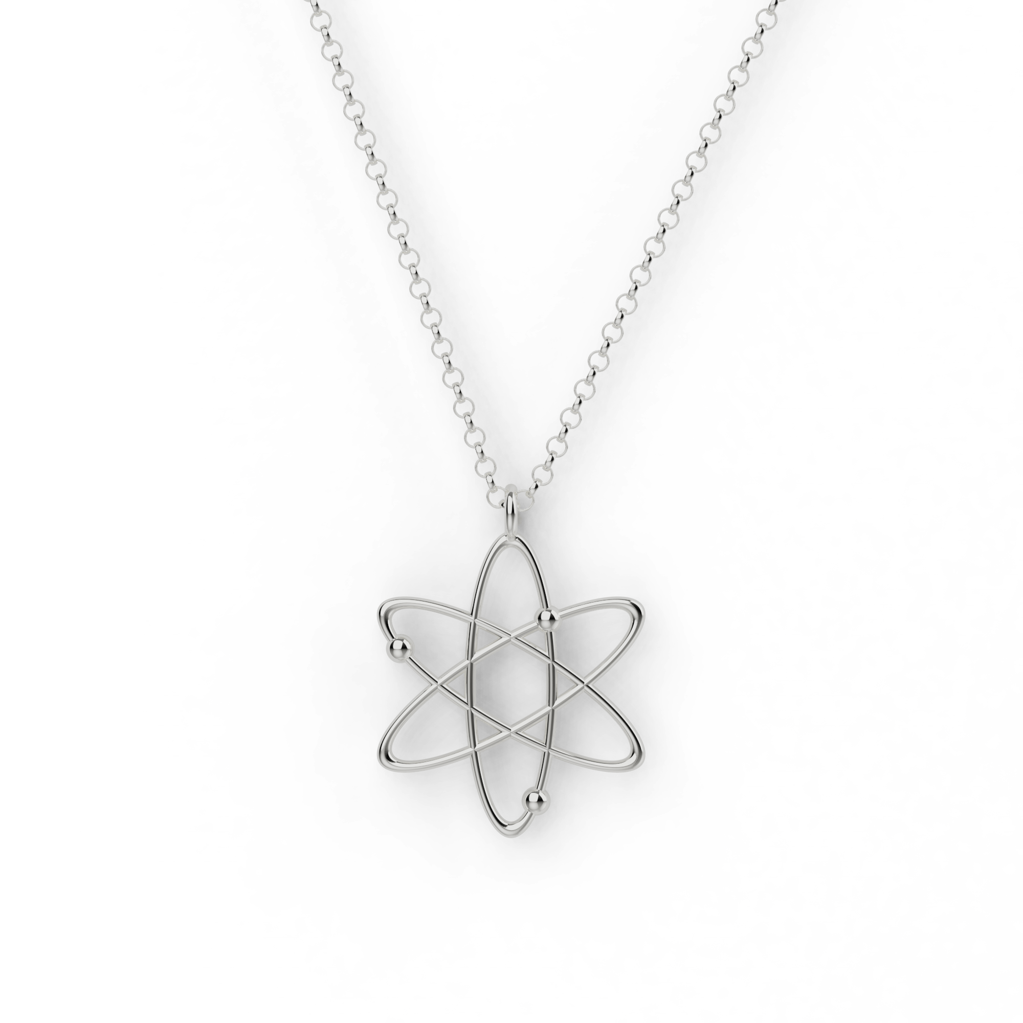 Front image of sterling silver atom necklace on white background, featuring an elegant Bohr model-inspired pendant – perfect science jewelry for women. Front image of sterling silver atom necklace on white background, featuring an elegant Bohr model-inspired pendant – perfect science jewelry for women.