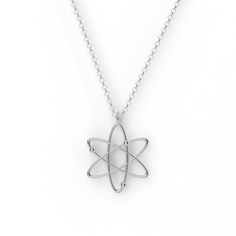 Front image of sterling silver atom necklace on white background, featuring an elegant Bohr model-inspired pendant – perfect science jewelry for women. Front image of sterling silver atom necklace on white background, featuring an elegant Bohr model-inspired pendant – perfect science jewelry for women.