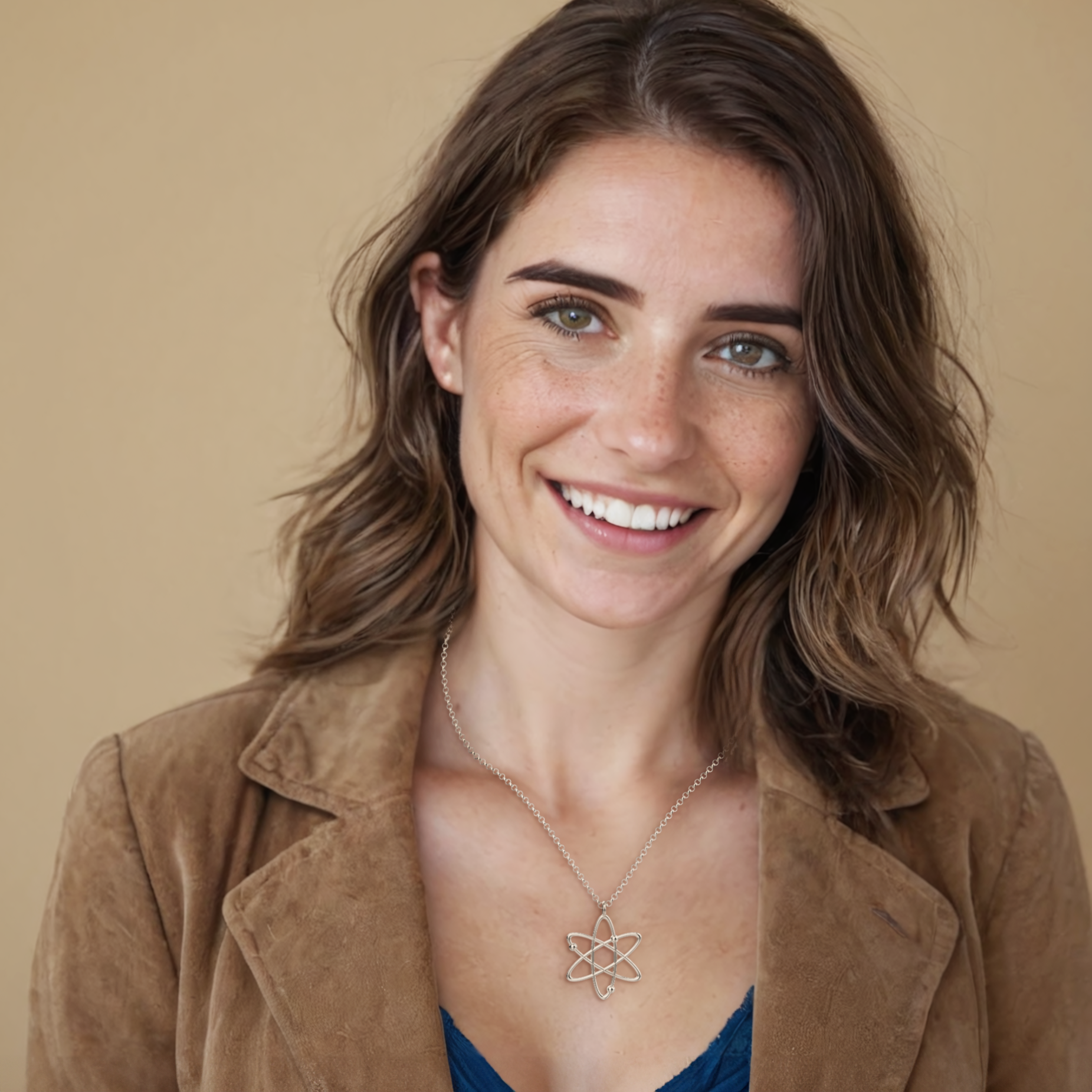 Smiling woman wearing the atom necklace in silver, showcasing how science-inspired jewelry can be stylish and meaningful. Smiling woman wearing the atom necklace in silver, showcasing how science-inspired jewelry can be stylish and meaningful.