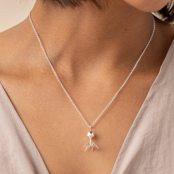 Sterling silver bacteriophage necklace close-up - science jewelry Sterling silver bacteriophage necklace close-up - science jewelry