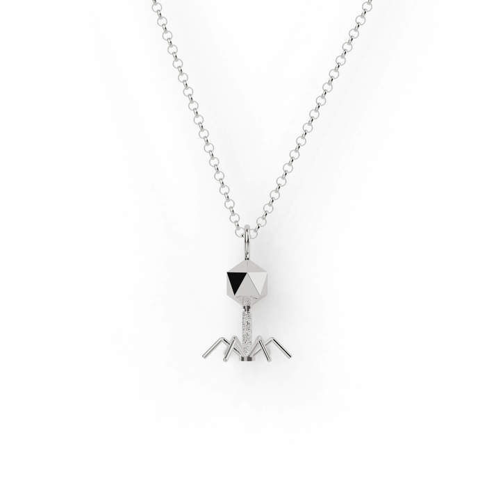 Sterling silver bacteriophage necklace close-up Sterling silver bacteriophage necklace close-up