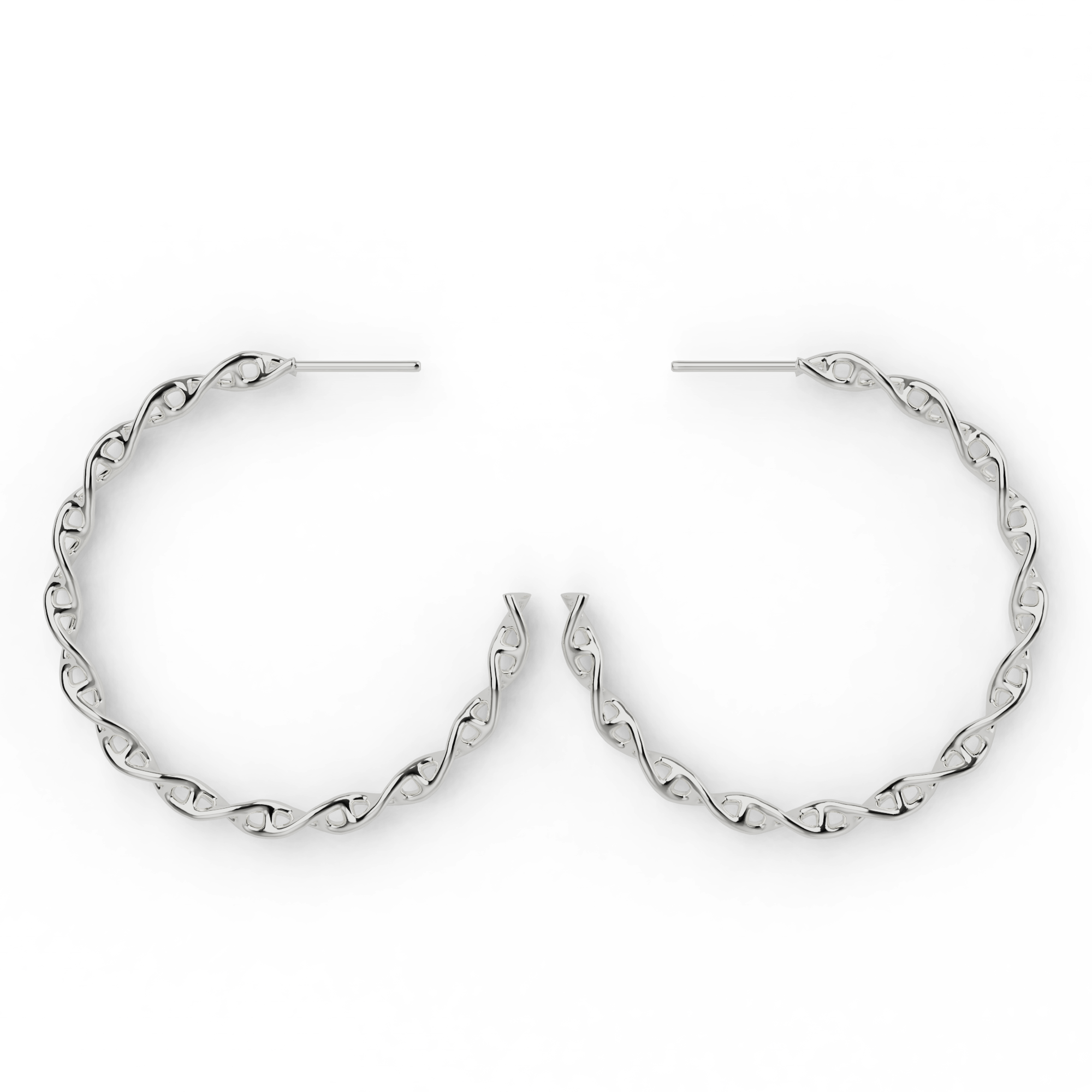Close-up of DNA double helix earrings in sterling silver - statement hoops. Close-up of DNA double helix earrings in sterling silver - statement hoops.